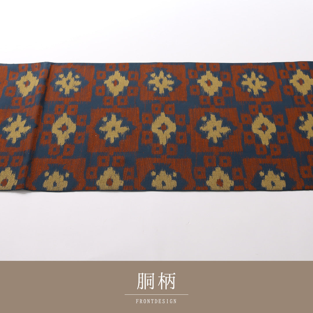 袋帯(紬) 帯丈438cm 正絹 六通 カジュアル 創作柄 朱系 紺系 1243-01674