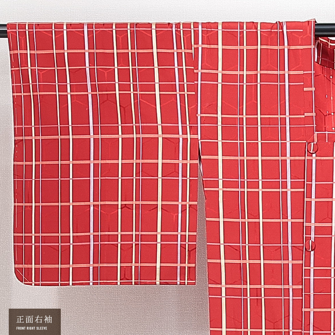 道行コート 袷 身丈128cm 裄丈62cm 正絹 Sランク セミフォーマル Sサイズ ポケットあり 格子 赤系 RP 1237-14838