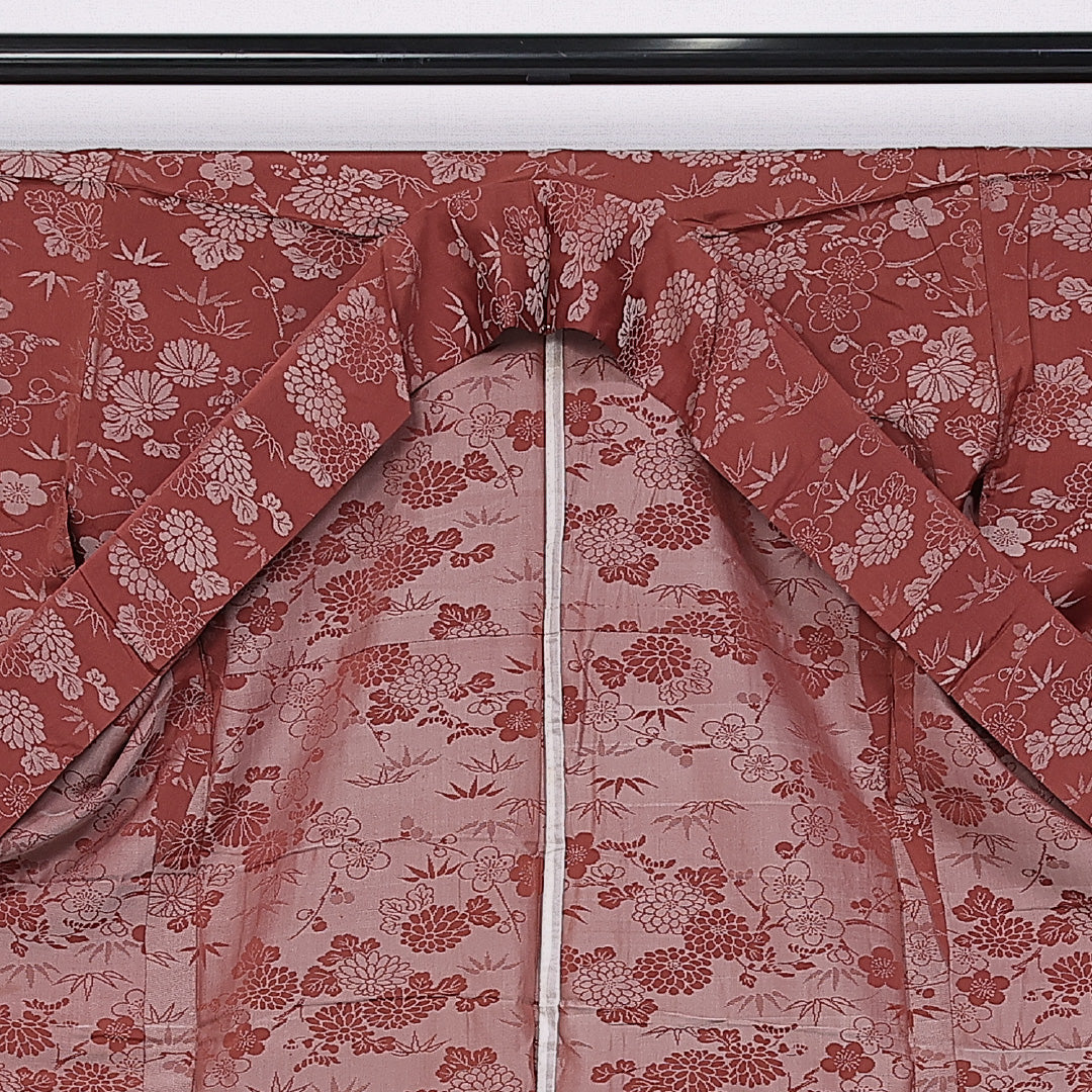 お召 身丈149cm 裄丈63.5cm XS 正絹 Bランク 単衣 広衿 菊 梅 笹 1265-11026