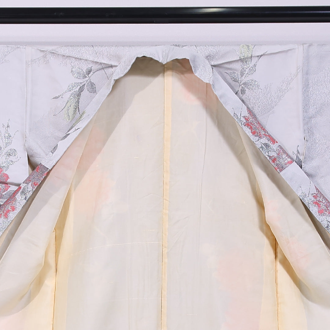 アンティーク 小紋 (お召) 袷 身丈154cm 裄丈64cm 正絹 Cランク バチ衿 Sサイズ 漆糸 薔薇 グレー系 RP 1221-11657