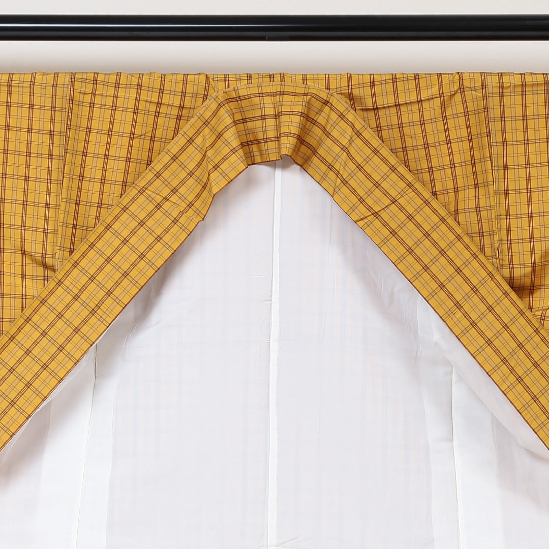 紬 袷 身丈161cm 裄丈63cm 正絹 黄八丈風 Bランク Lサイズ 広衿 カジュアル 格子 黄系 1216-03017