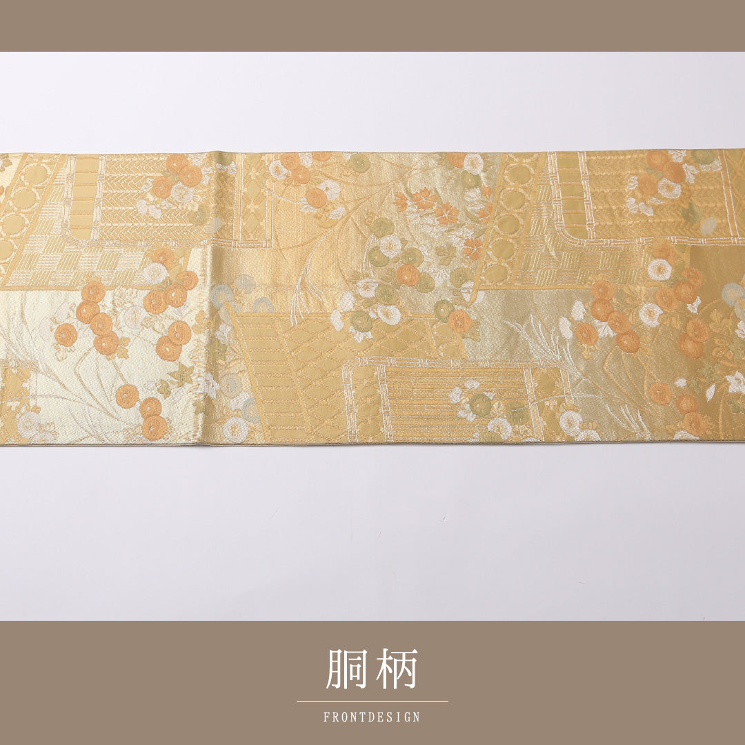 袋帯 帯丈420cm 正絹 六通 フォーマル 琳派 几帳 椿 金系 朱系 1243-01581