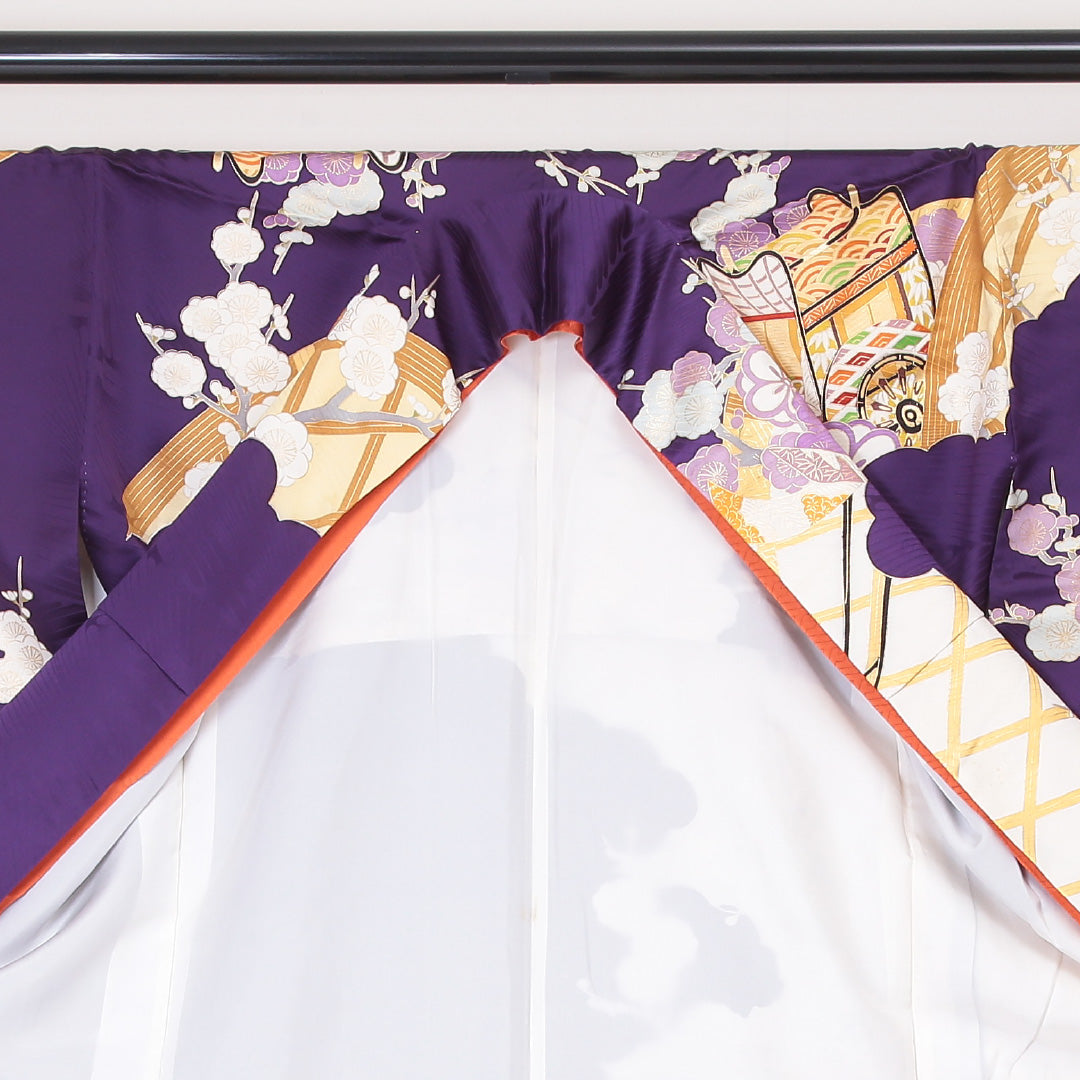 振袖 身丈163cm 裄丈66cm Aランク 袷 正絹 広衿 御所車 吉祥文様 梅 大正ロマン 1213-F0057