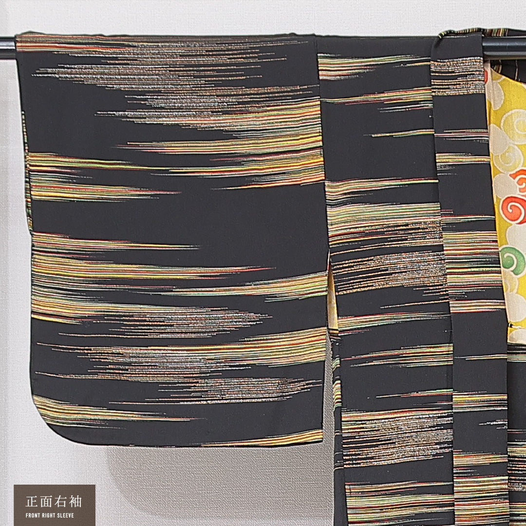 アンティーク 羽織 (お召) 袷 身丈78cm 裄丈62cm 正絹 Aランク Sサイズ 紐あり アラベスク文様 黄系 RP 1232-15119