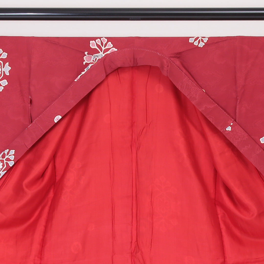 アンティーク 小紋 (錦紗) 袷 身丈147cm 裄丈62cm 正絹 Cランク 紋意匠 (吉祥文様) バチ衿 XSサイズ 花菱 赤系 RP 1221-02114