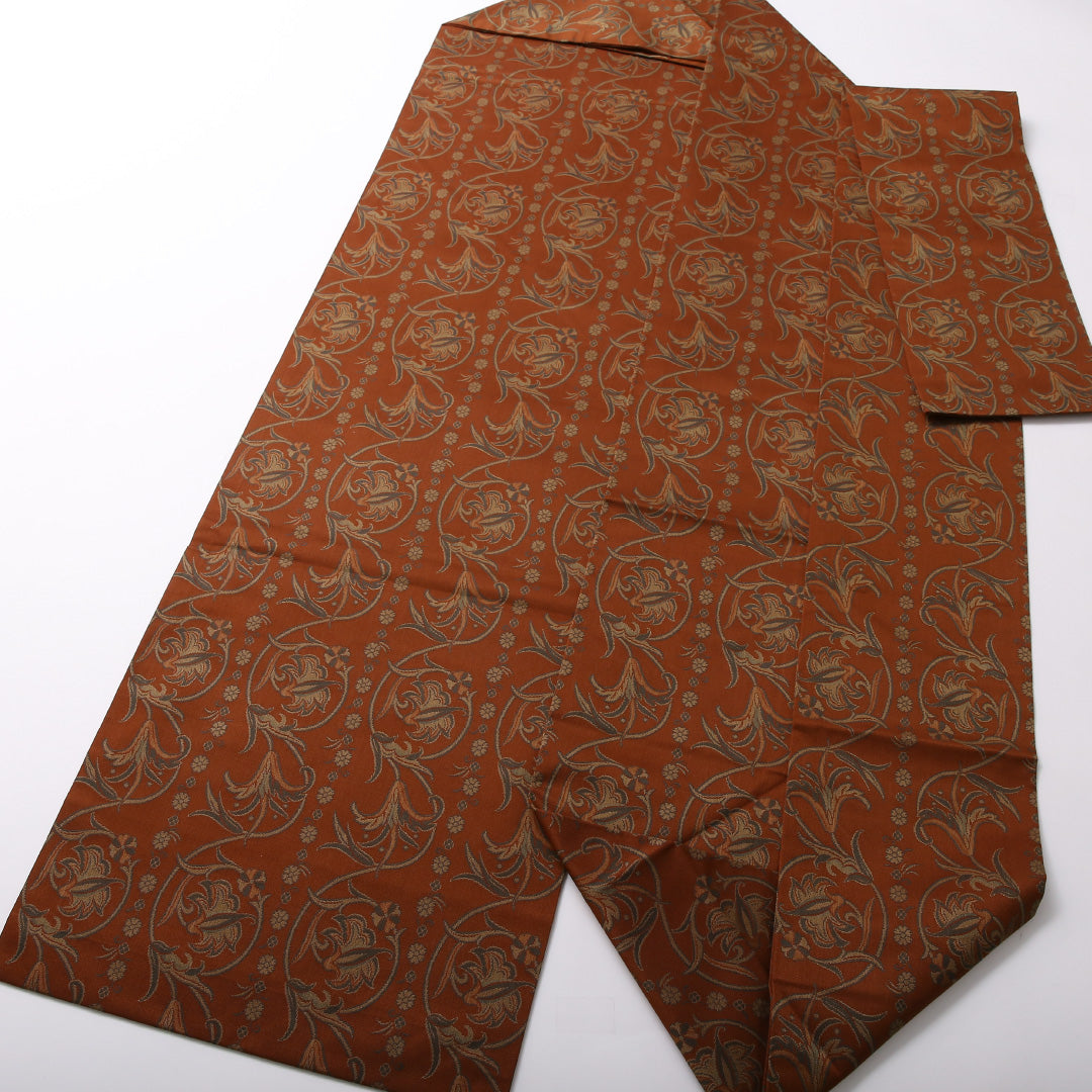 九寸 名古屋帯 帯丈363cm 名古屋仕立て 全通 Sランク カジュアル 正絹 百合 シック 落ち着き 茶系 1224-03024