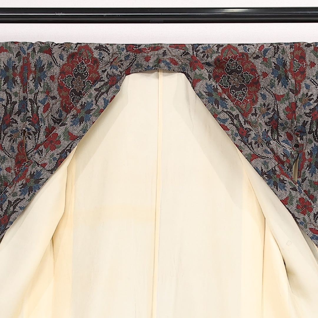 お召 袷 身丈156cm 裄丈64cm 正絹 Aランク インフォーマル バチ衿 Mサイズ 花柄 グレー系 HP 1222-13375