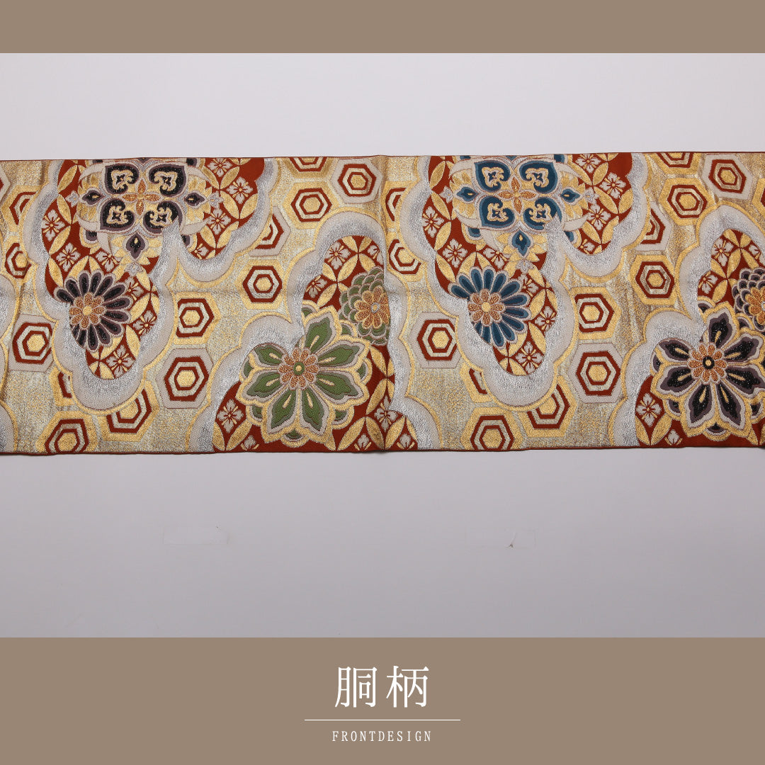 袋帯 帯丈406cm 正絹 六通 フォーマル 宝相華 雲取り 亀甲 朱系 金系 1243-01367