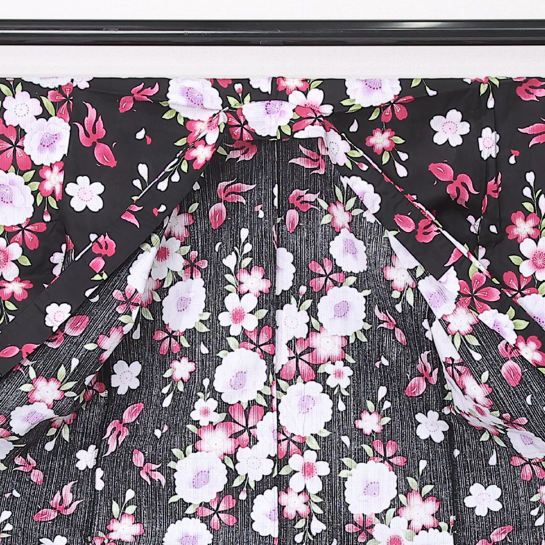 夏物 浴衣 身丈146cm 裄丈61cm Sランク XS 木綿 洗える着物 夏物 バチ衿 牡丹 桜 金魚 カジュアル 黒系 1218-12459