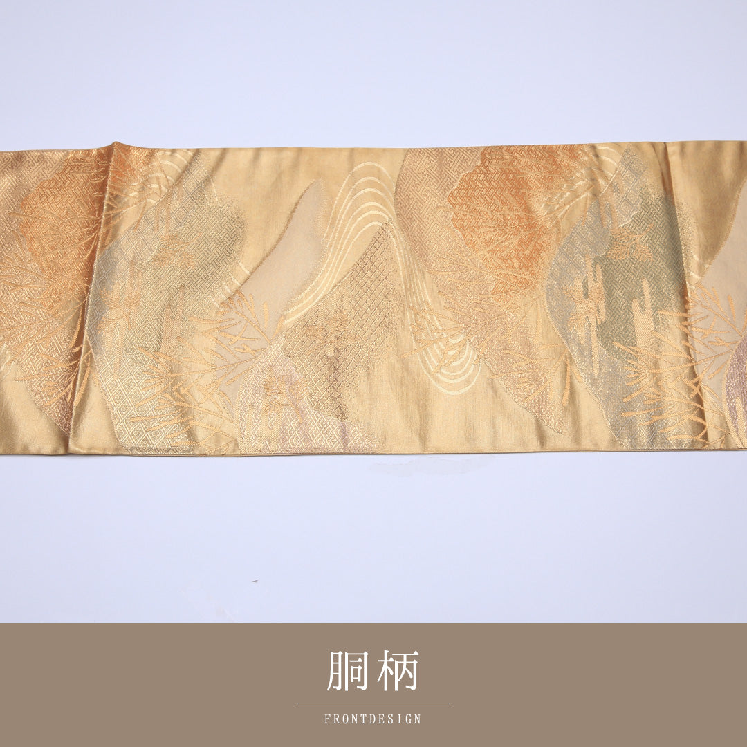 袋帯 帯丈448cm 六通 綴れ織 未仕立て 証紙番号 1918 池口平八 風景柄 有職文様 作家物 フォーマル 証紙 金系 正絹 Sランク 1223-00138
