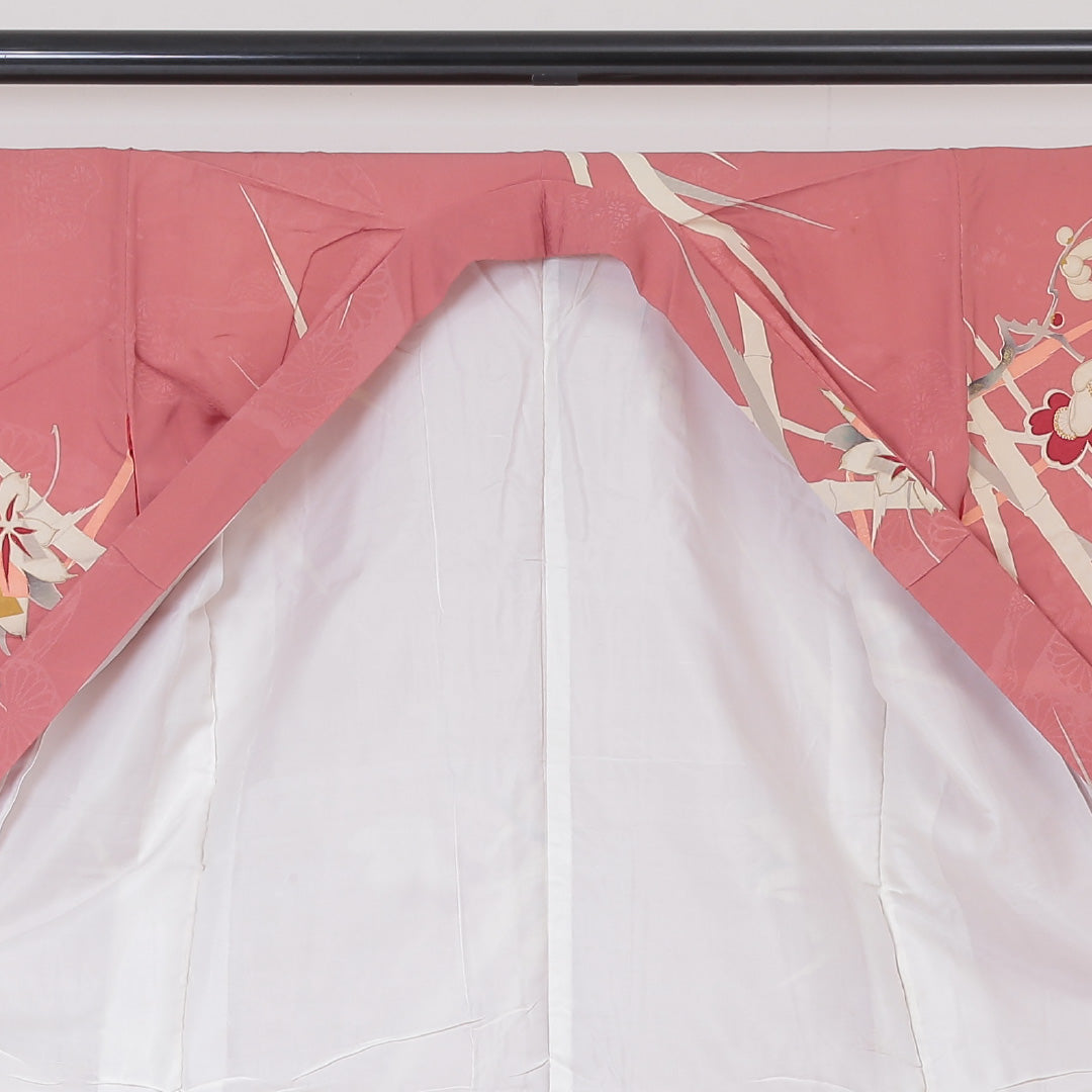 アンティーク 小紋 袷 身丈150cm 裄丈61cm 正絹 Bランク バチ衿 Sサイズ 花柄 ピンク系 RP 1221-01824