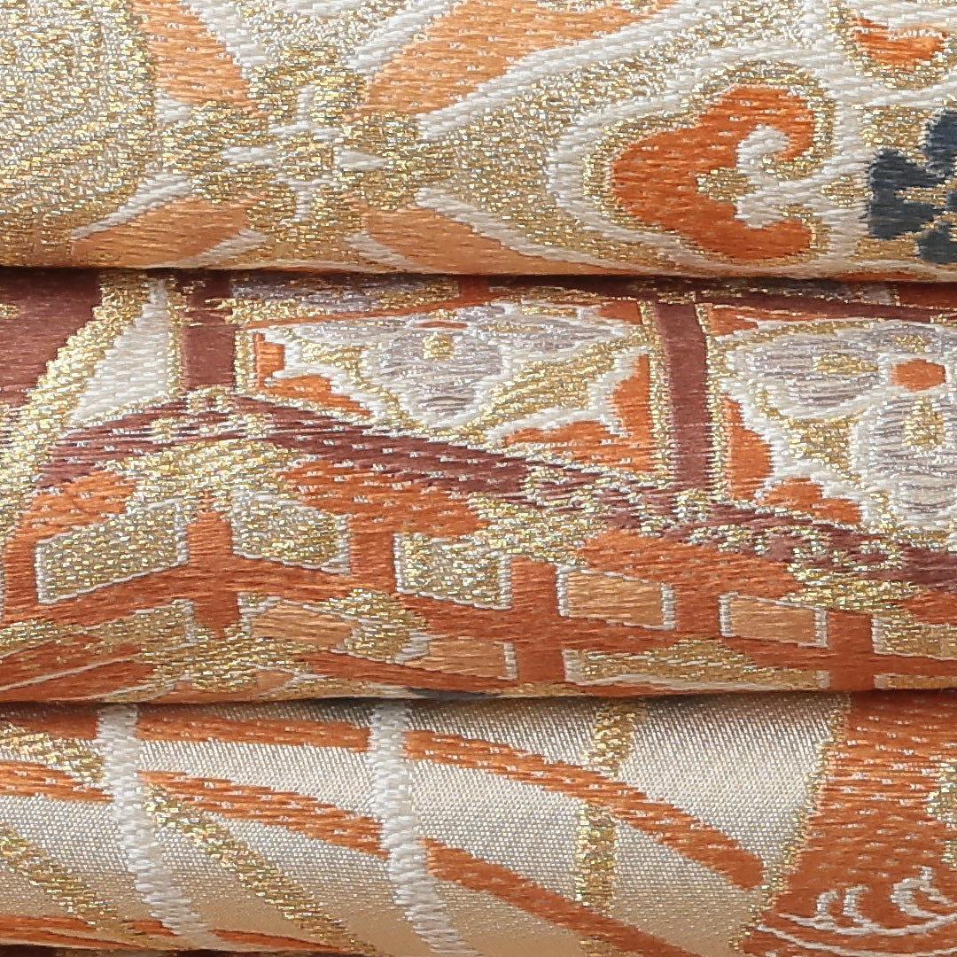 アンティーク 丸帯 帯丈404cm 全通 花車 フォーマル ベージュ系 正絹 Bランク 1223-00588