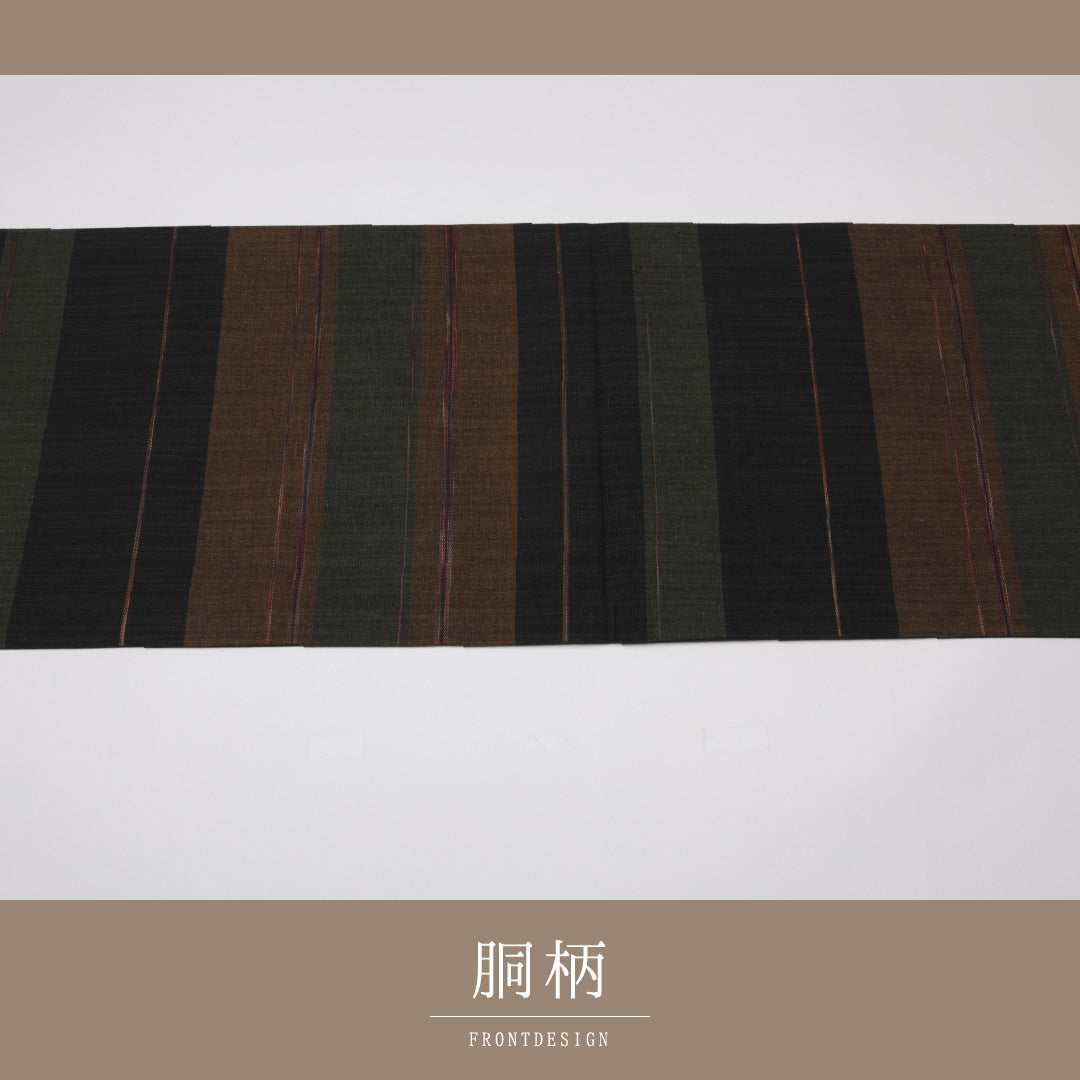 未使用品 袋帯 帯丈432cm 全通 縞 紬 リバーシブル カジュアル 紺系 正絹 Sランク 1223-01113