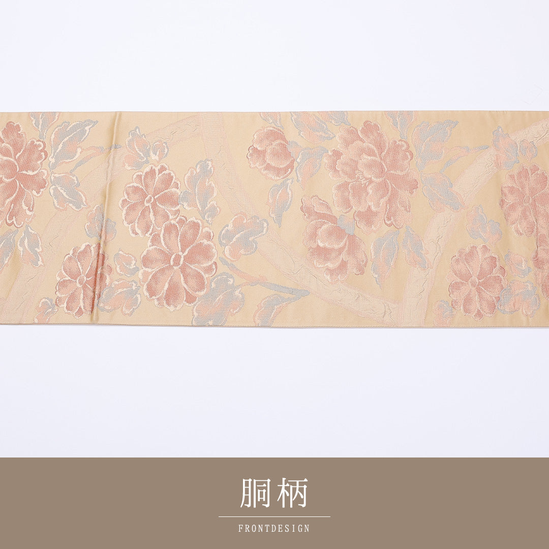 袋帯 帯丈424cm 六通 牡丹 金糸 セミフォーマル 金系 正絹 Sランク 1223-00967
