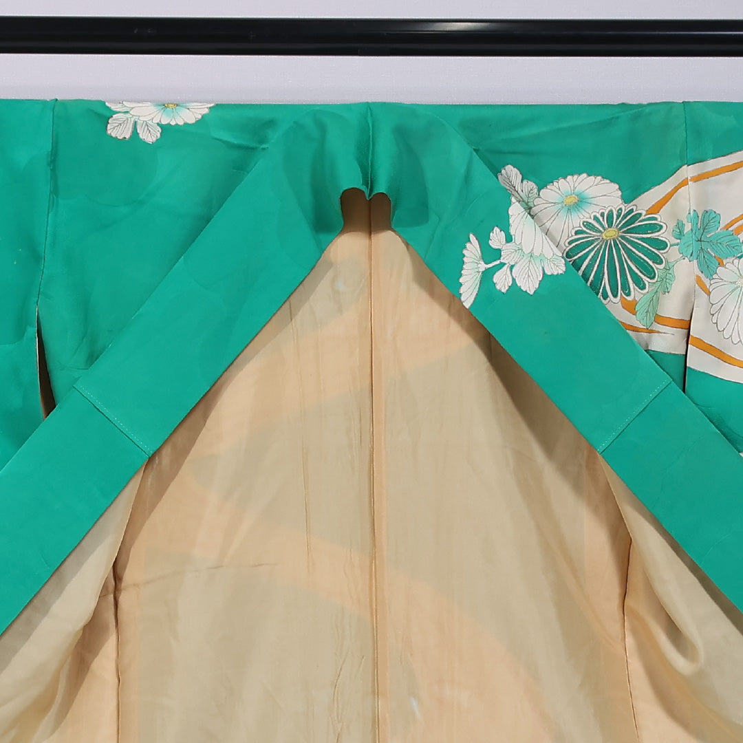アンティーク 訪問着 袷 身丈162cm 裄丈63cm 正絹 Cランク 一つ紋 (上がり藤に扇子) 広衿 Lサイズ 金駒刺繍 流水 菊 緑系 RP 1217-11687