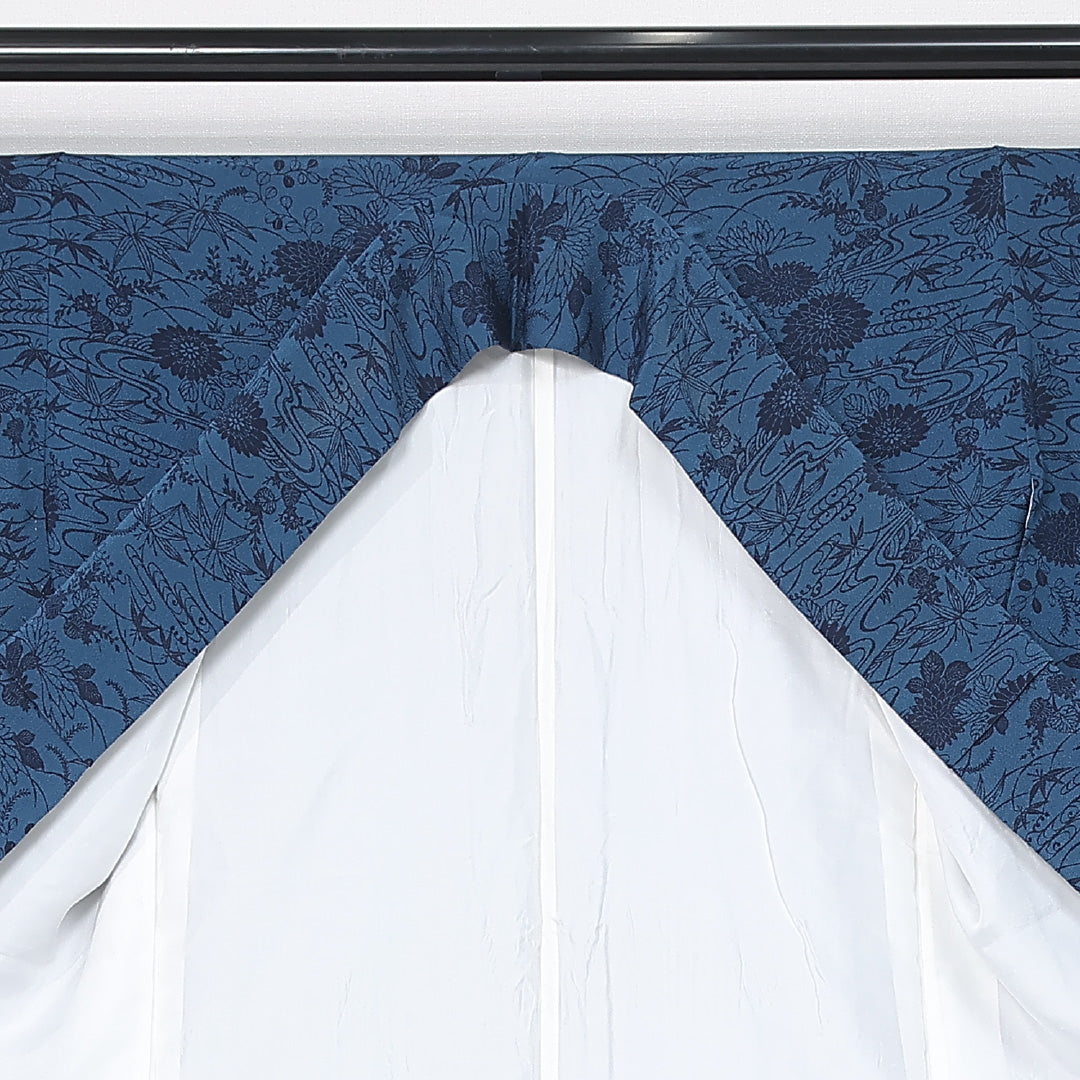 小紋 身丈162cm 裄丈65cm Bランク L 正絹 袷 広衿 クラシカル 藍型 流水 菊 紅葉 カジュアル 青系 1215-11968