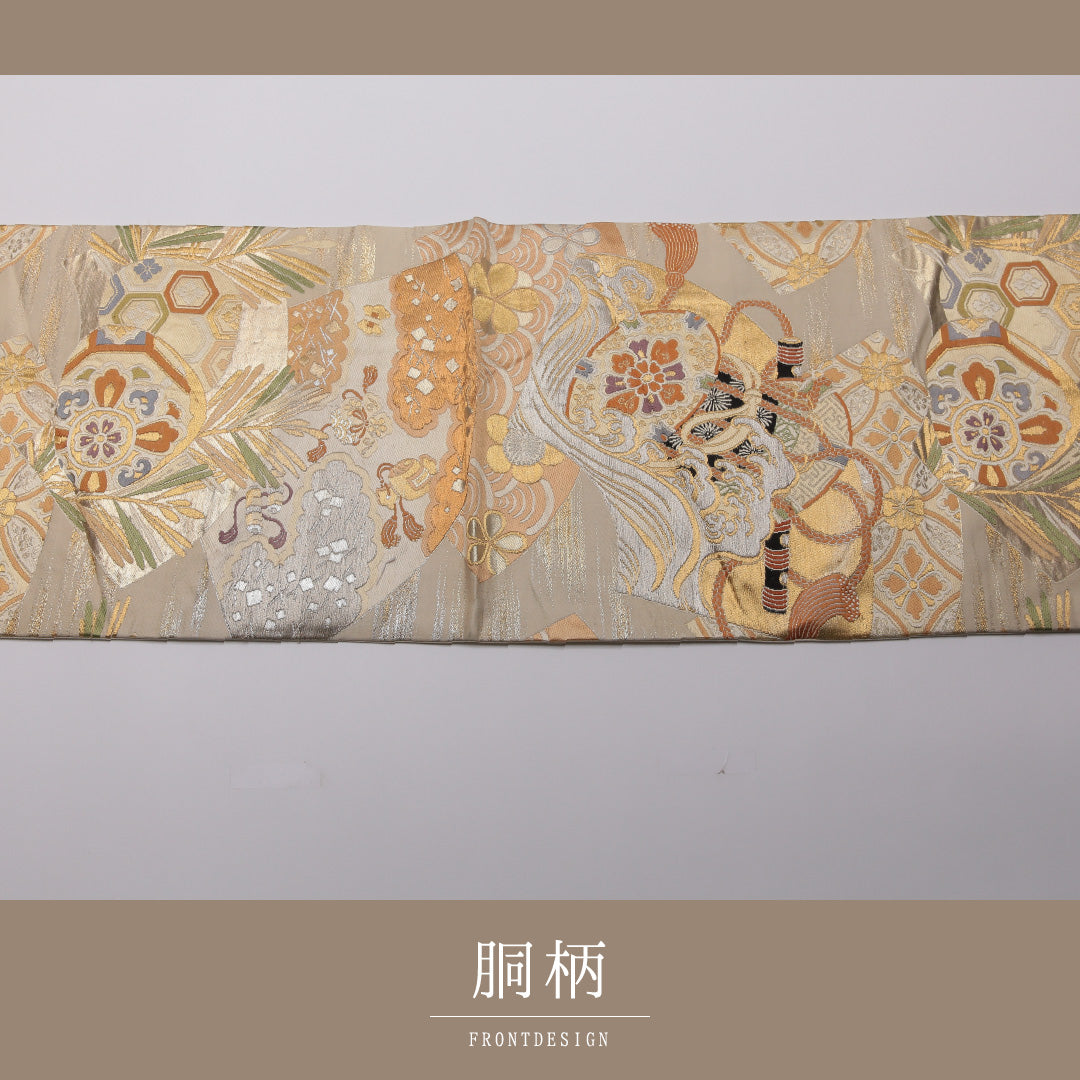 アンティーク 丸帯 帯丈400cm 正絹 全通 扇面文 楽器 クリーム系 金系 1242-01365
