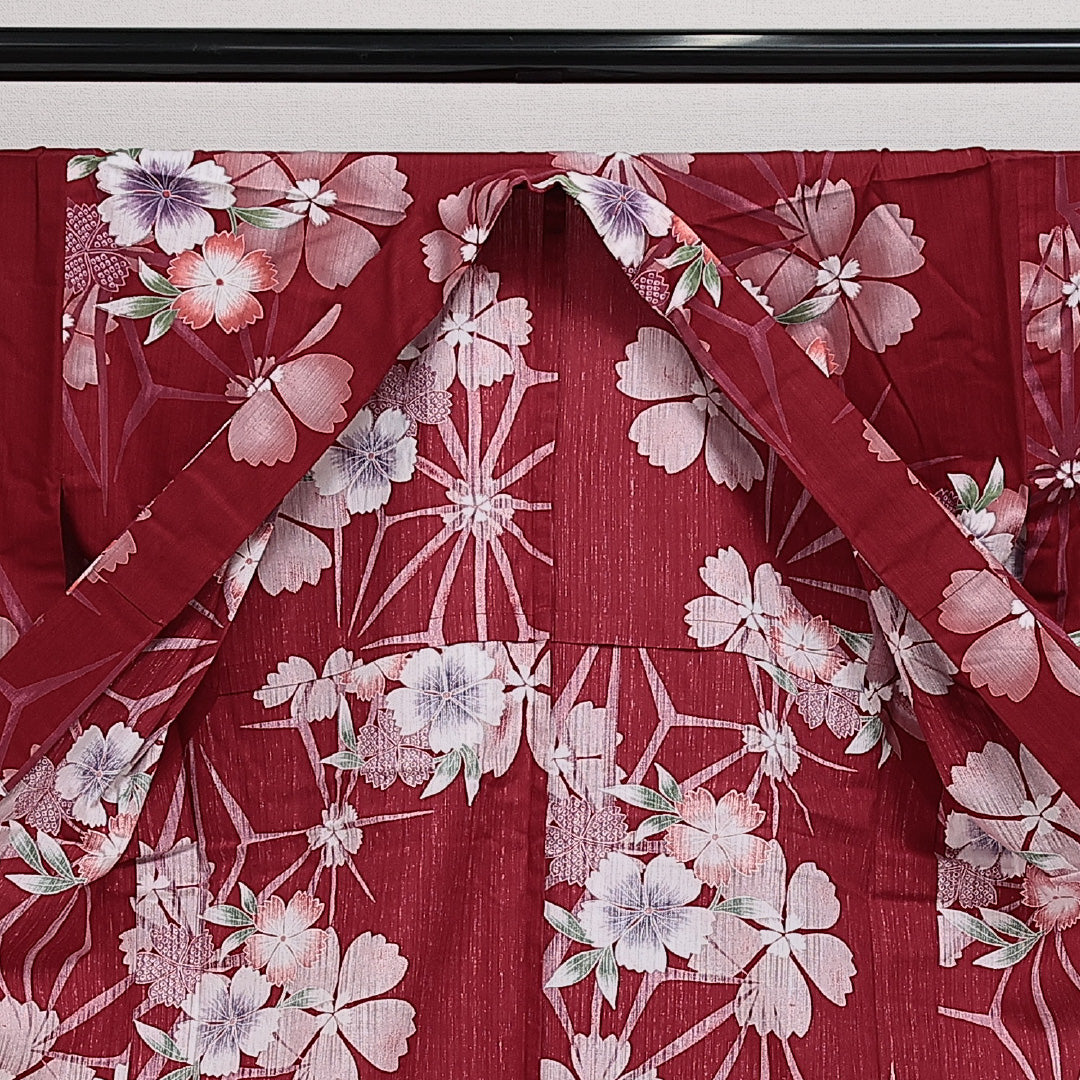 浴衣 夏物 洗える着物 身丈158cm 裄丈65cm Sランク 木綿 バチ衿 Mサイズ カジュアル 花柄 シック 華やか 赤系 1218-14283
