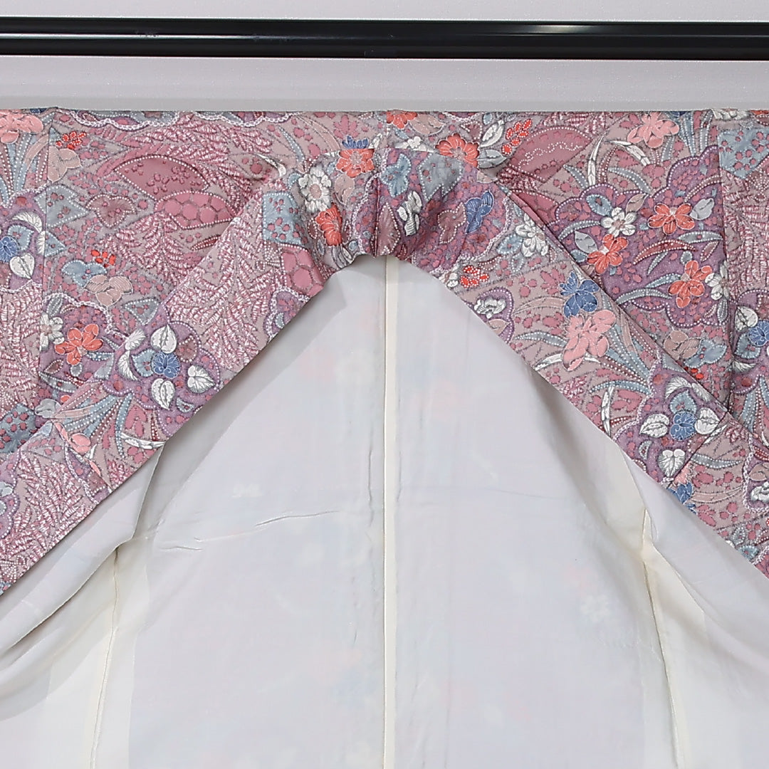 小紋 袷 身丈154cm 裄丈66cm 正絹 Aランク インフォーマル 広衿 Sサイズ 花柄 桐 ピンク系 RP 1221-12378