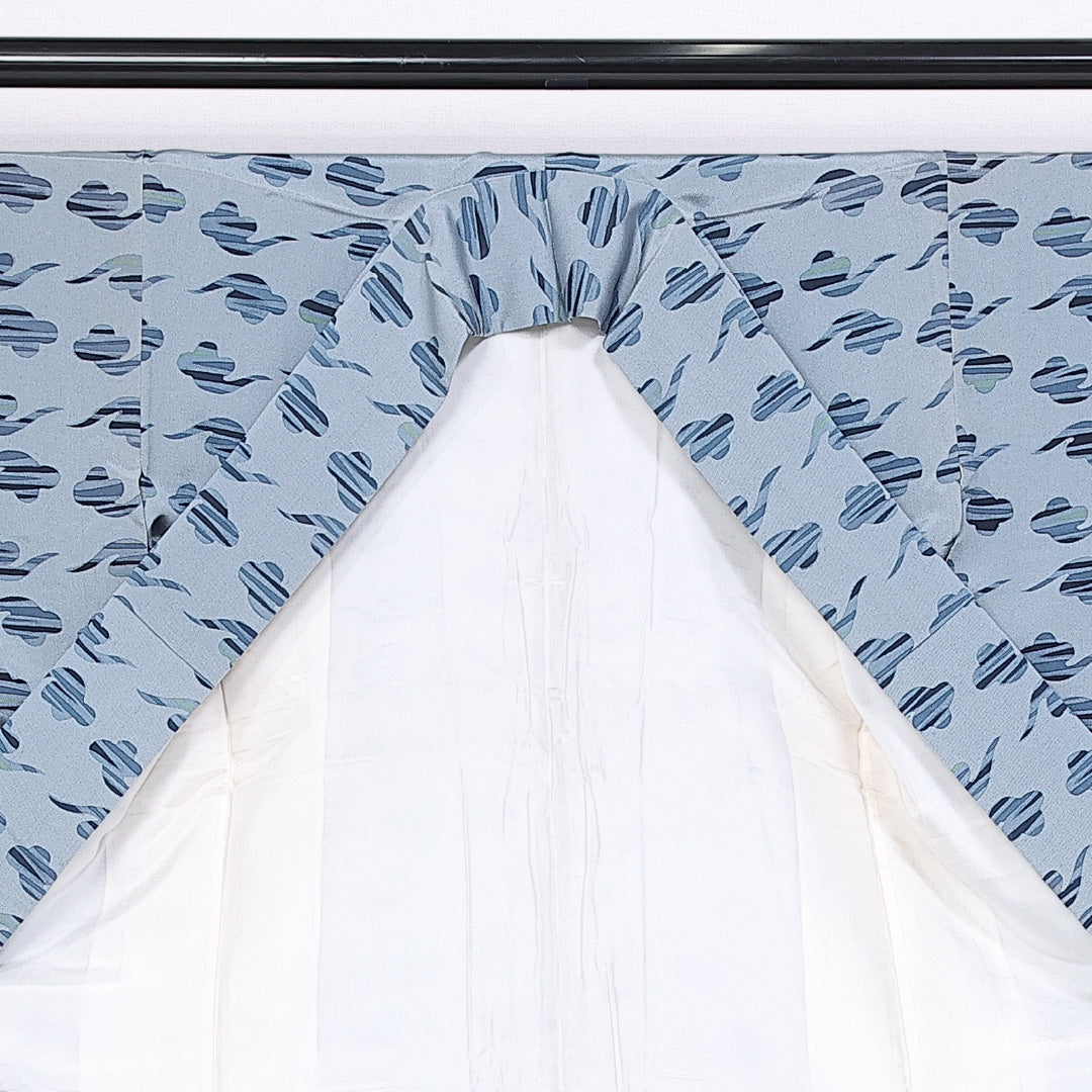 小紋 袷 身丈153cm 裄丈61cm 正絹 Sランク Sサイズ 広衿 インフォーマル ちりめん 水色系 1215-10189