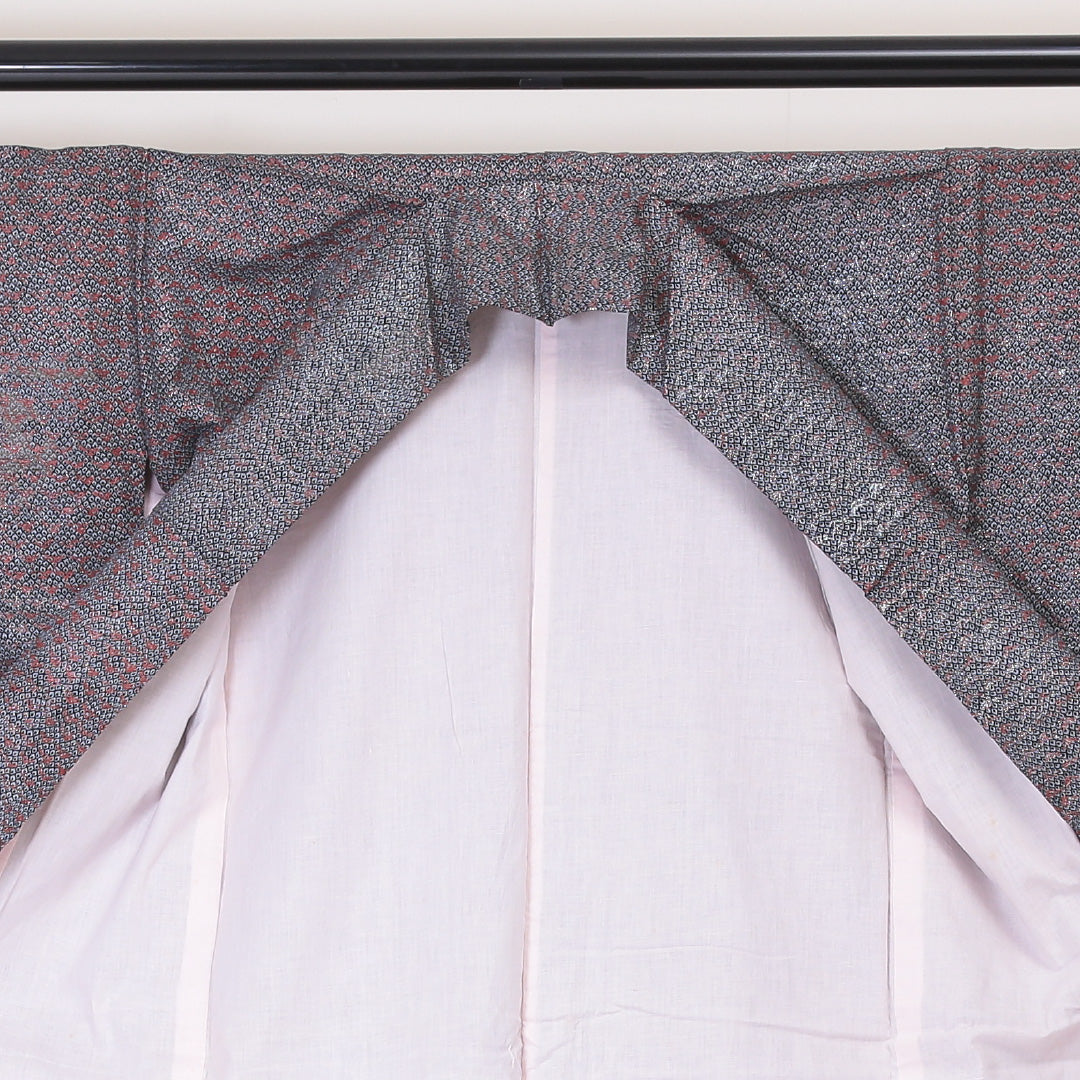 小紋 袷 身丈146cm 裄丈63cm 正絹 Sランク XSサイズ 広衿 インフォーマル 織り出し 笹 黒系 銀系 1215-02042