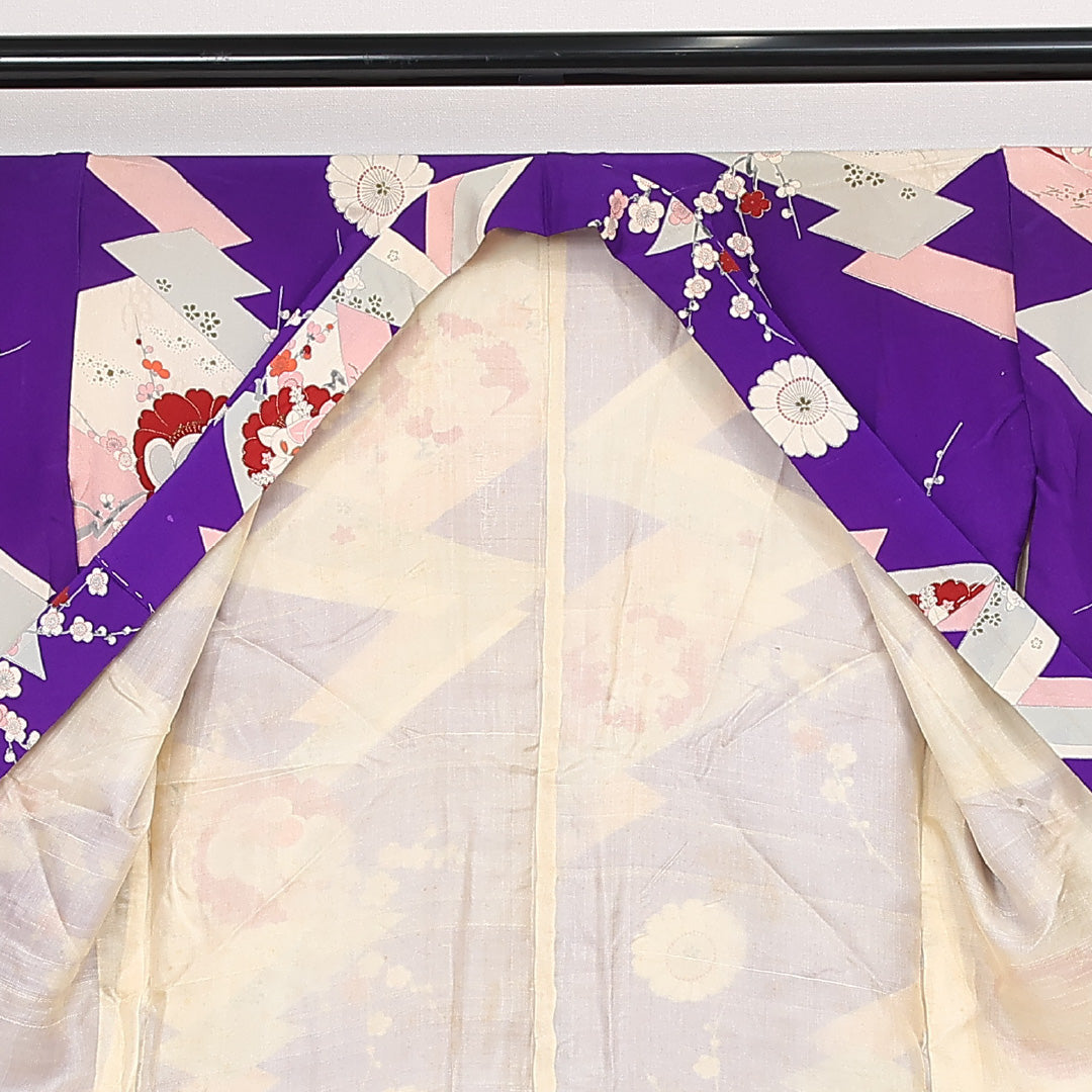 アンティーク 小紋 袷 身丈148cm 裄丈61cm 正絹 Aランク バチ衿 XSサイズ 吉祥文様 紫系 RP 1221-13224