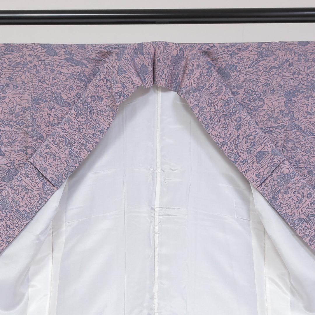 小紋 ちりめん 袷 身丈158cm 裄63cm ピンク系 茶屋辻 型染め 正絹 Sランク しつけ糸 1215-01770-2313