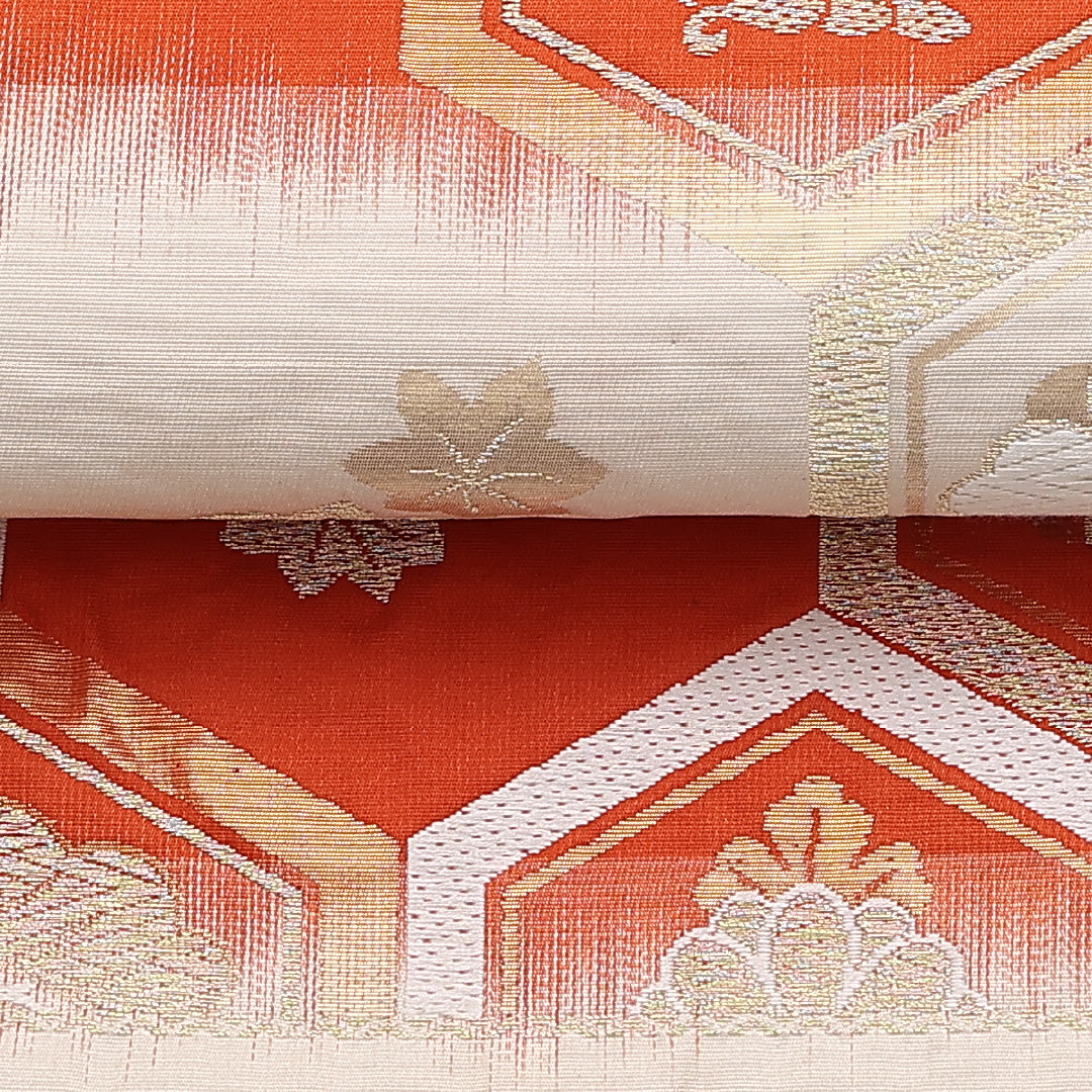 袋帯 帯丈416cm 六通 亀甲 家紋柄 揚羽蝶 五三桐 菊 花菱 フォーマル 朱系 正絹 Sランク 1223-00859