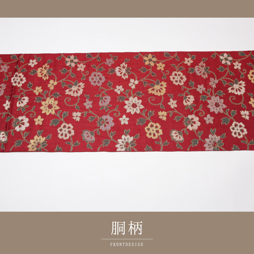 袋帯 帯丈416cm 正絹 全通 セミフォーマル 唐草華文 赤系 1243-01248