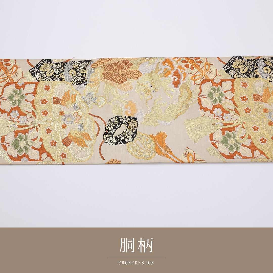 アンティーク 丸帯 帯丈400cm 正絹 全通 唐織 龍 丸文 金系 1242-00896