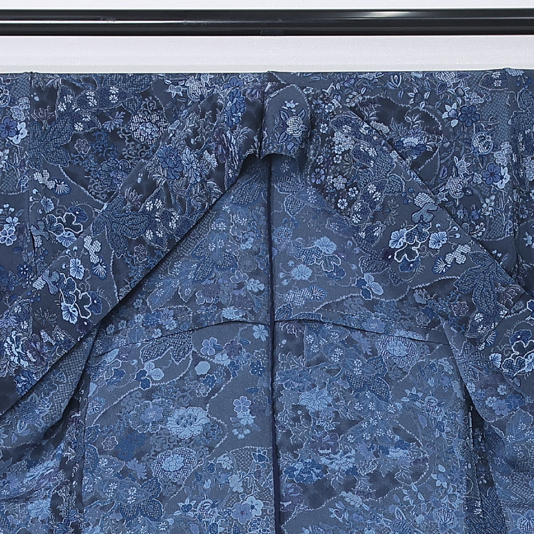 小紋 身丈164cm 裄丈64.5cm Sランク L 正絹 単衣 広衿 エレガント 藍型 ちりめん 橘 菊 桜 カジュアル 紺系 1215-12314