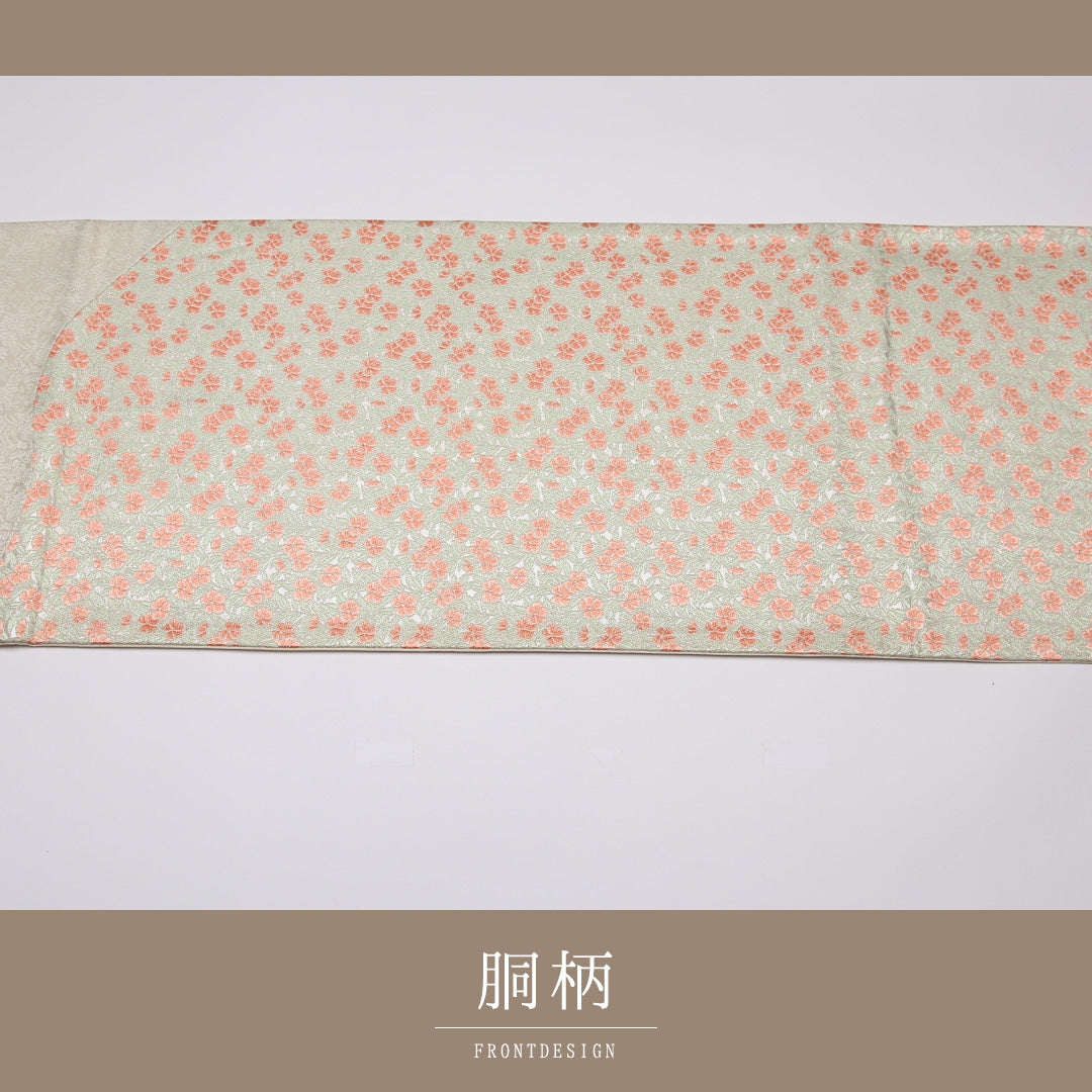 袋帯 帯丈436cm 六通 桜 菊 白系 セミフォーマル ピンク系 正絹 Aランク 1223-01087