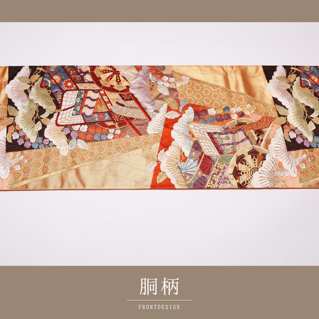 袋帯 帯丈0cm 正絹 六通 フォーマル 御所車 朱系 1243-01104