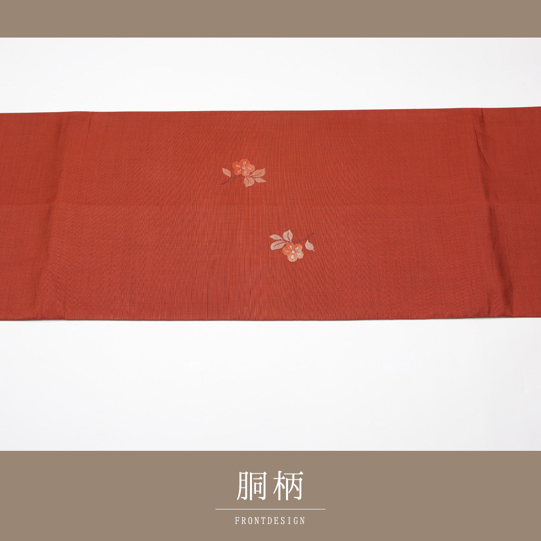 袋帯(紬) 帯丈434cm 正絹 ポイント柄 カジュアル 花柄 朱系 1243-01264