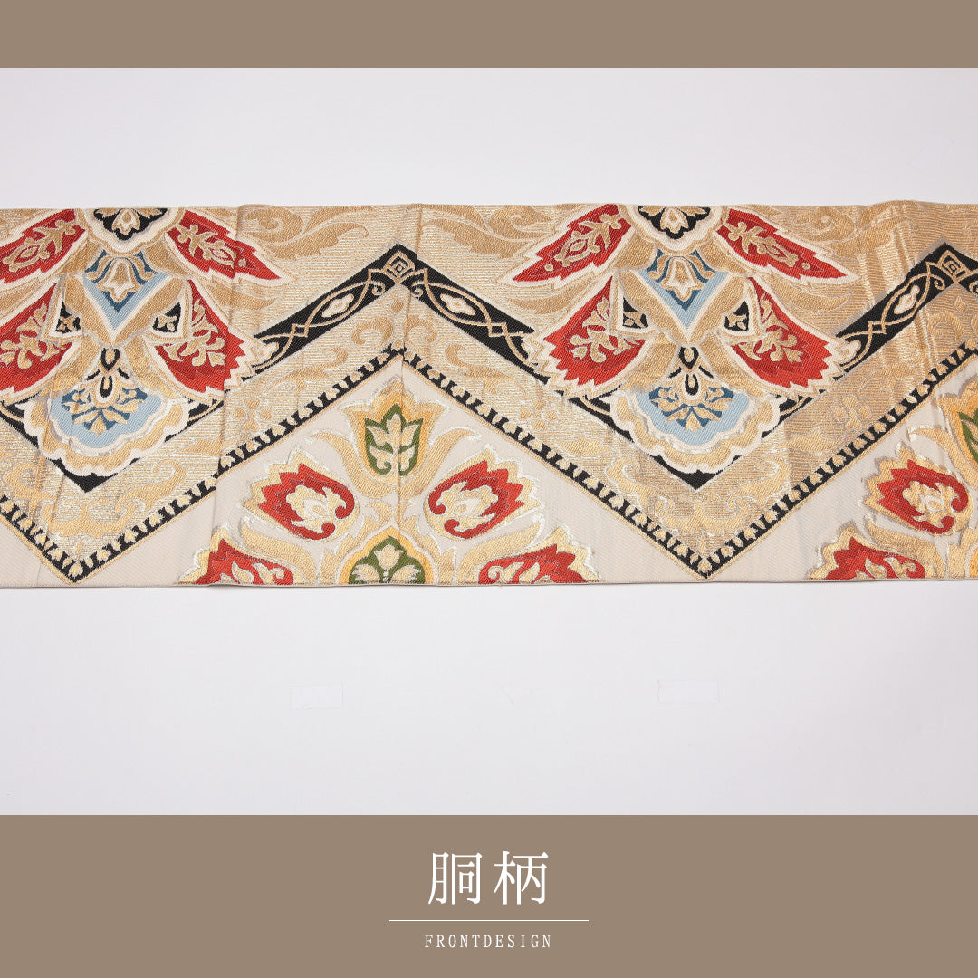 袋帯 帯丈402cm 正絹 六通 フォーマル 唐草華文 金系 1243-01163