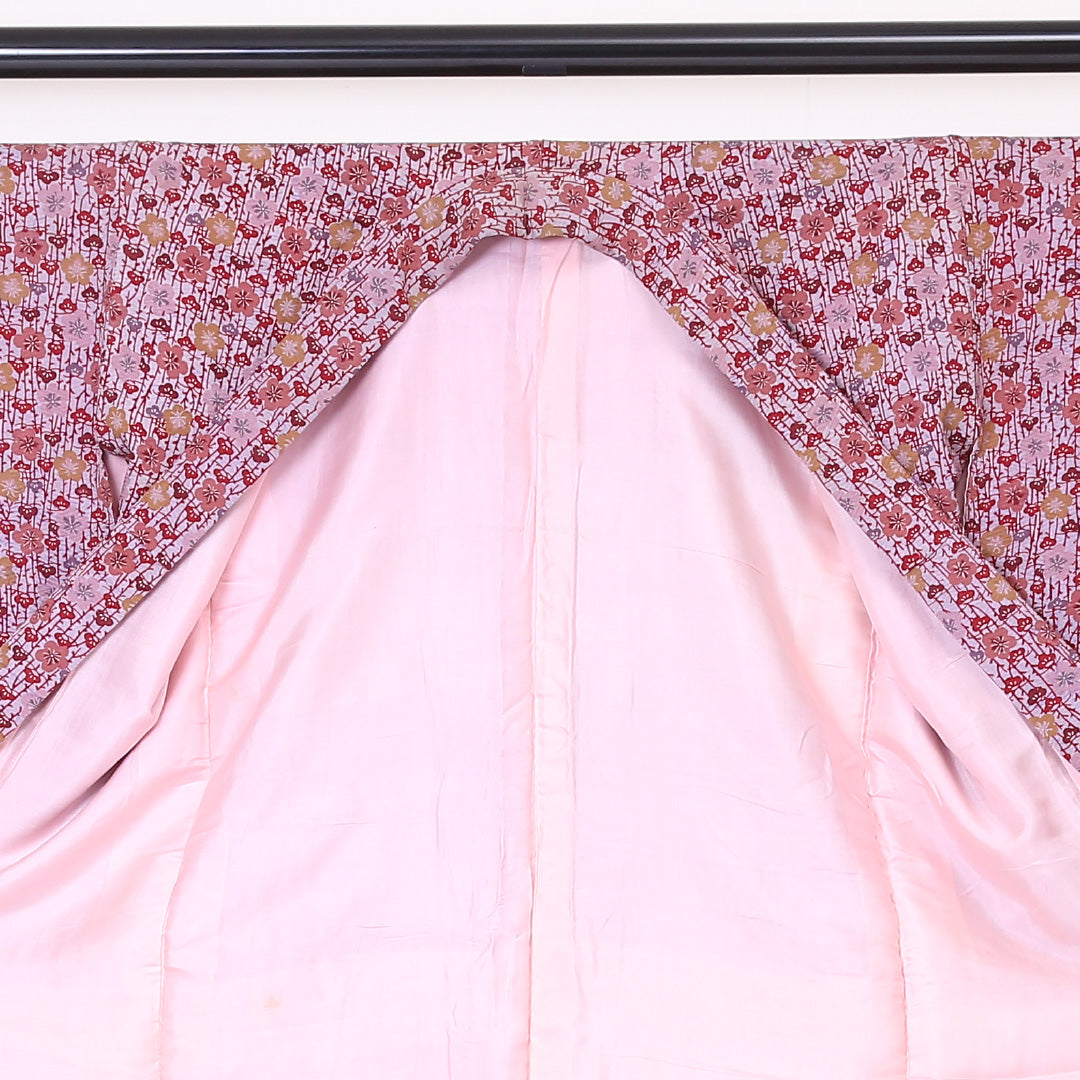 アンティーク 小紋 袷 身丈149cm 裄丈62cm 正絹 Aランク バチ衿 XSサイズ 梅 松 ピンク系 HP 1221-01929