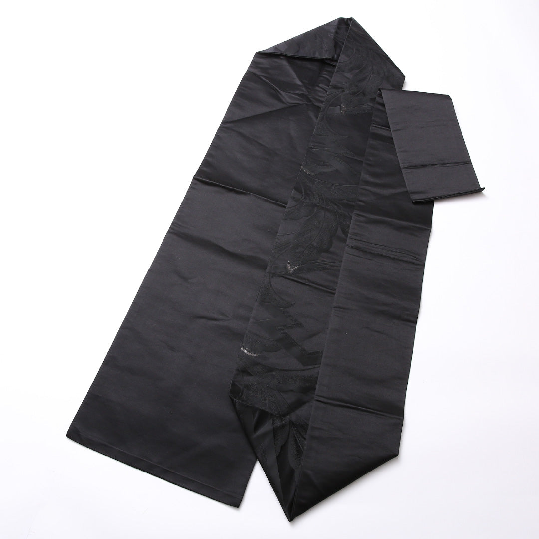 喪服帯 名古屋帯 全通 帯丈341cm 喪服帯 Sランク 正絹 植物柄 黒系 1224-02491