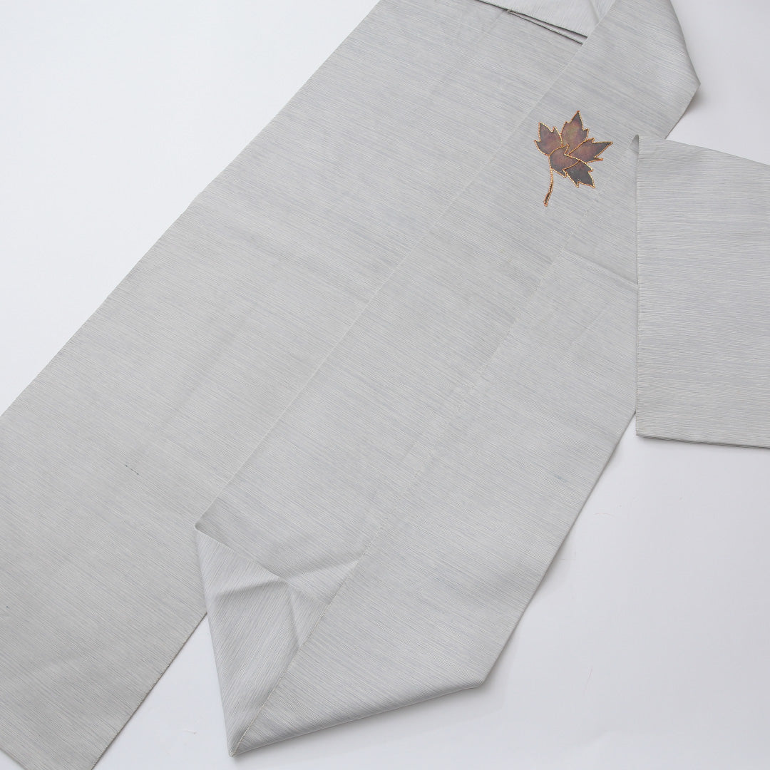 夏物 名古屋帯 ポイント柄 帯丈351cm カジュアル Aランク 正絹 切嵌め 紗 金駒刺繍 植物柄 グレー系 1224-02032