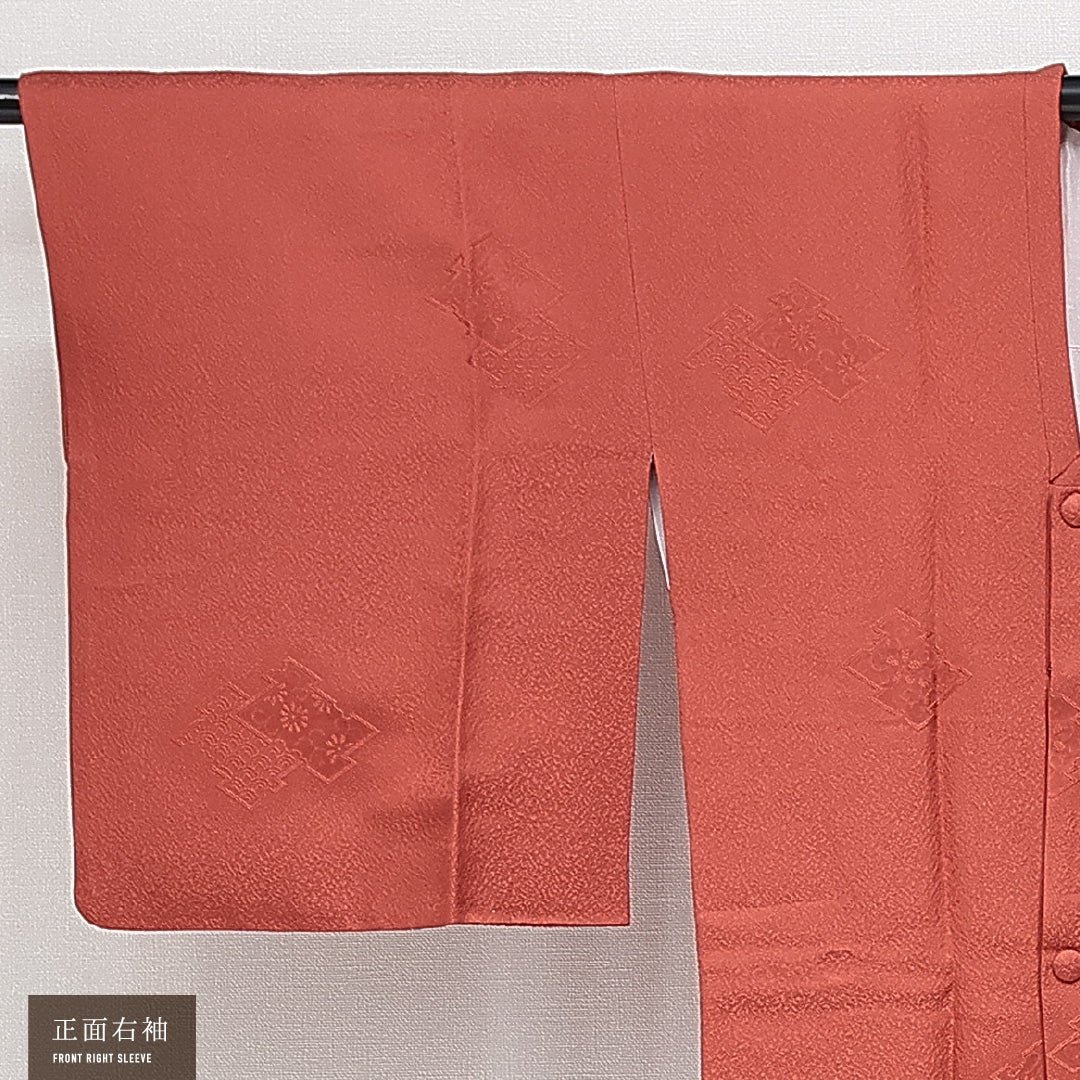 道行コート 袷 身丈92cm 裄丈64cm 正絹 Sランク セミフォーマル Mサイズ ポケットあり 松皮菱 赤系 RP 1237-14656
