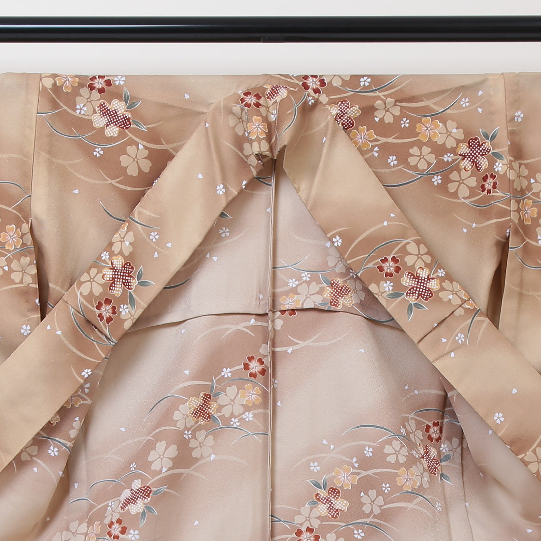 小紋 洗える着物 単衣 身丈164cm 裄丈66cm ポリエステル Aランク Lサイズ 広衿 インフォーマル 芝草 桜 茶系 1215-01188