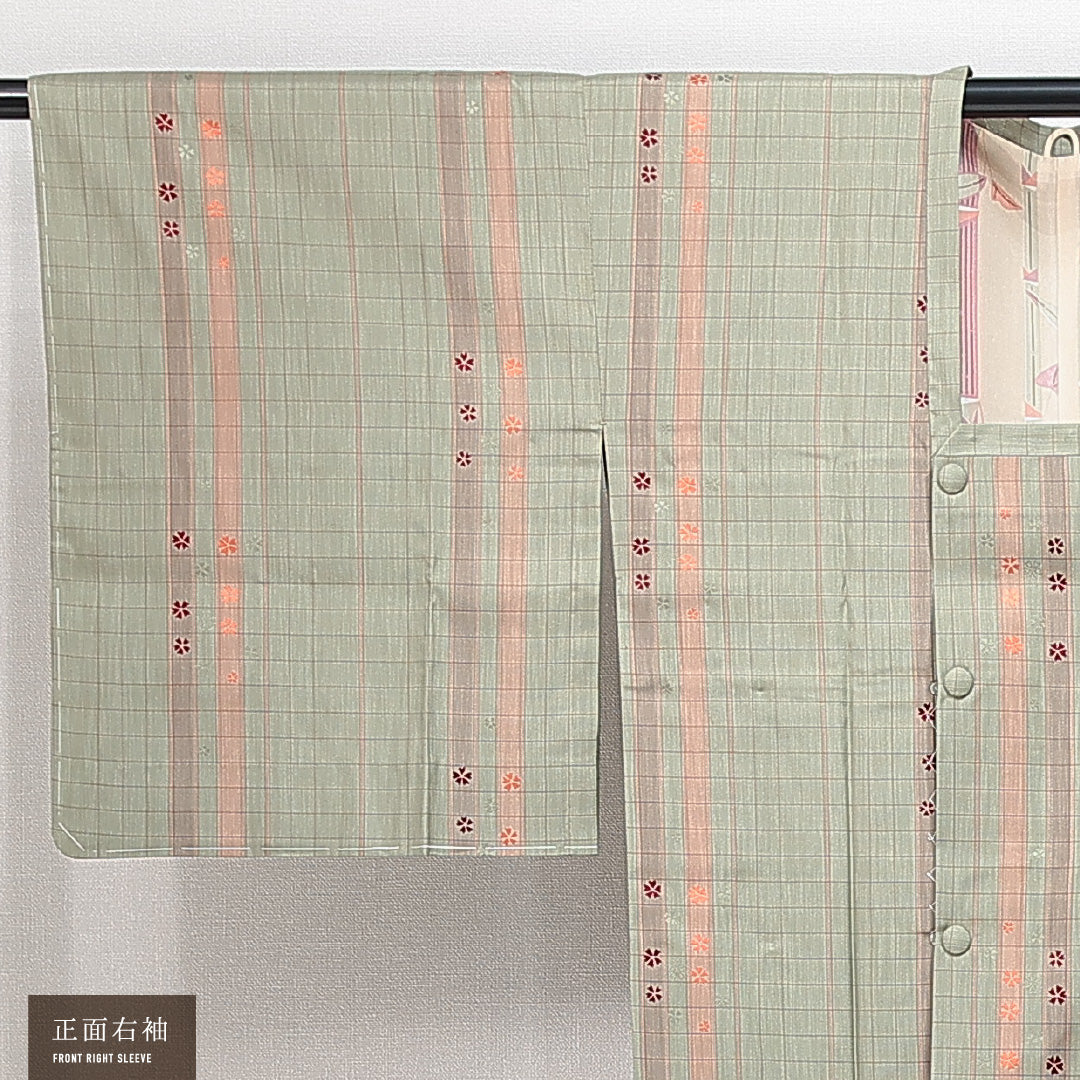 道行コート 袷 身丈132cm 裄丈66cm 正絹 Sランク Mサイズ インフォーマル ポケットあり 格子 桜 緑系 1263-14846