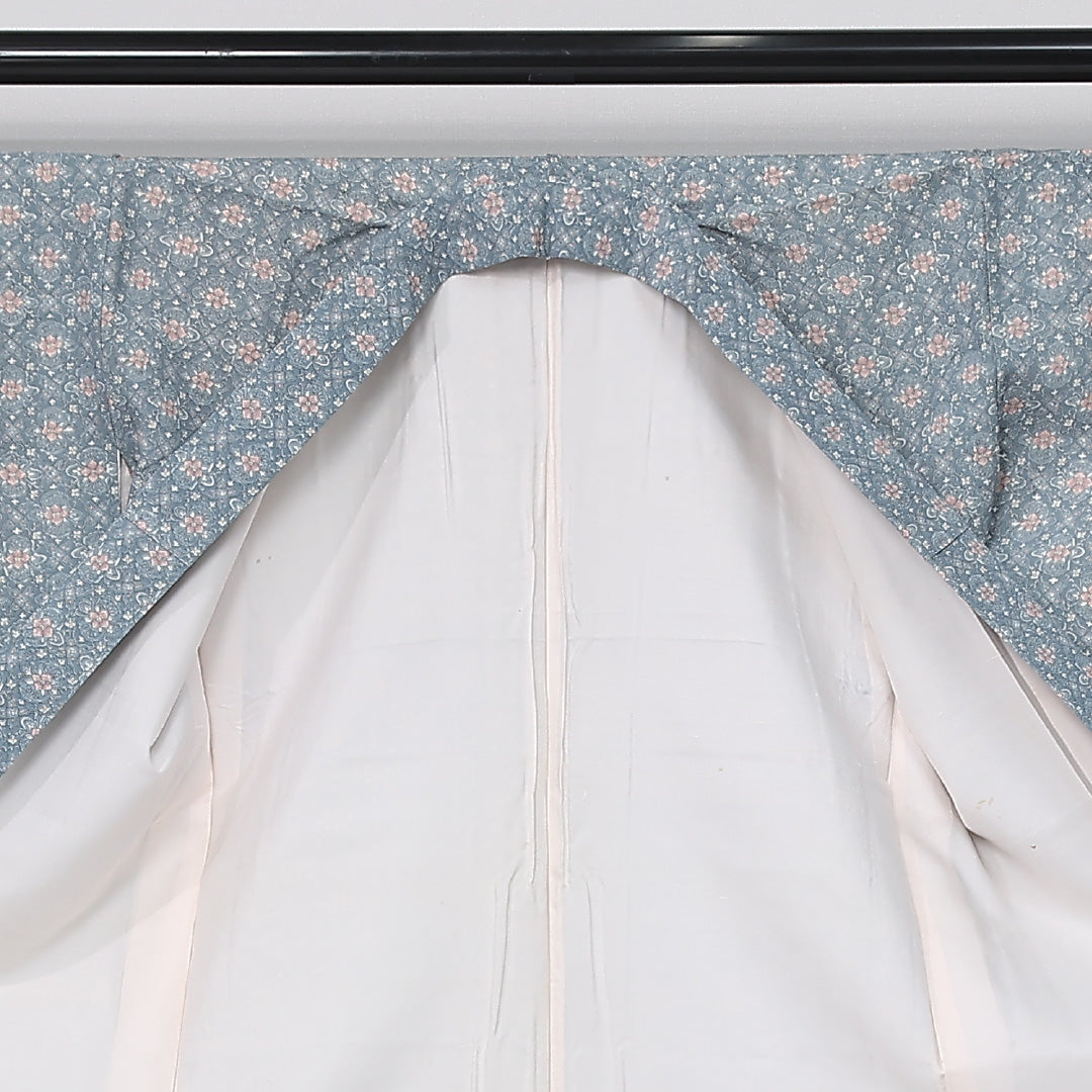 小紋 袷 身丈161cm 裄丈63cm 正絹 Aランク インフォーマル バチ衿 Lサイズ 花菱 水色系 RP 1221-12012
