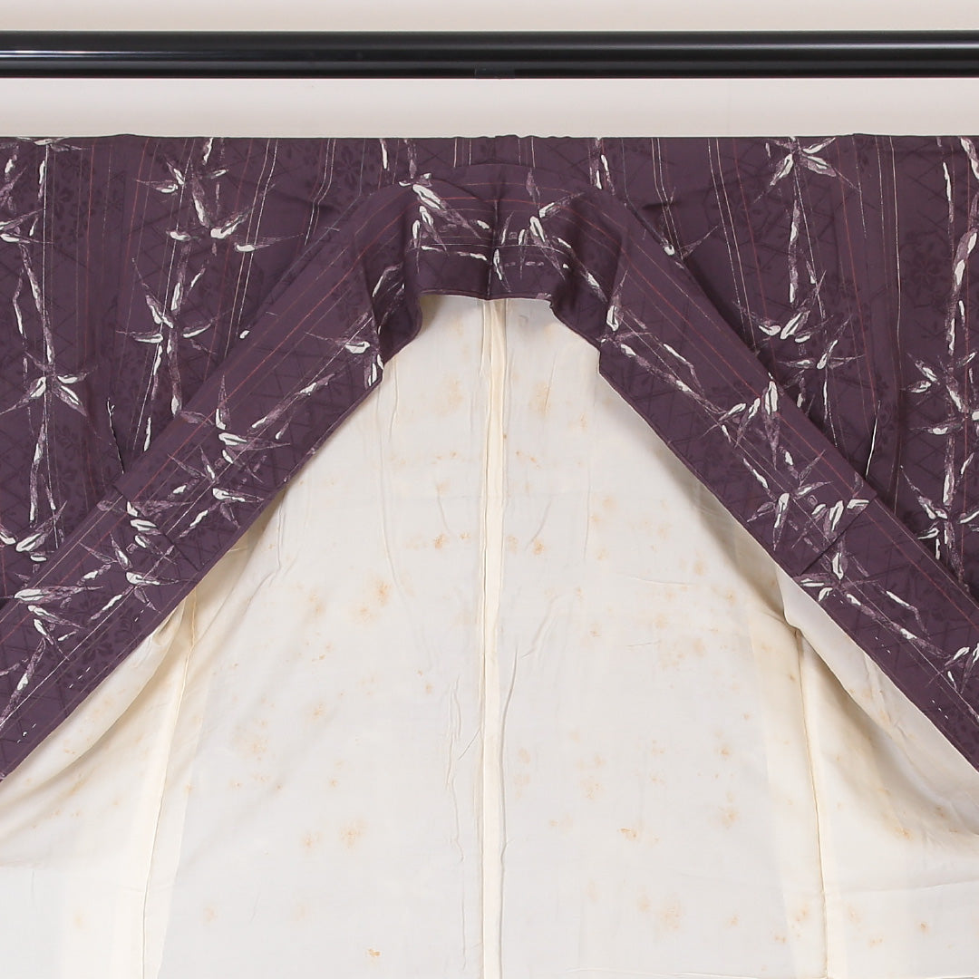 アンティーク 小紋 袷 身丈149cm 裄丈61cm 正絹 Bランク XSサイズ 広衿 笹 紫系 1215-02092