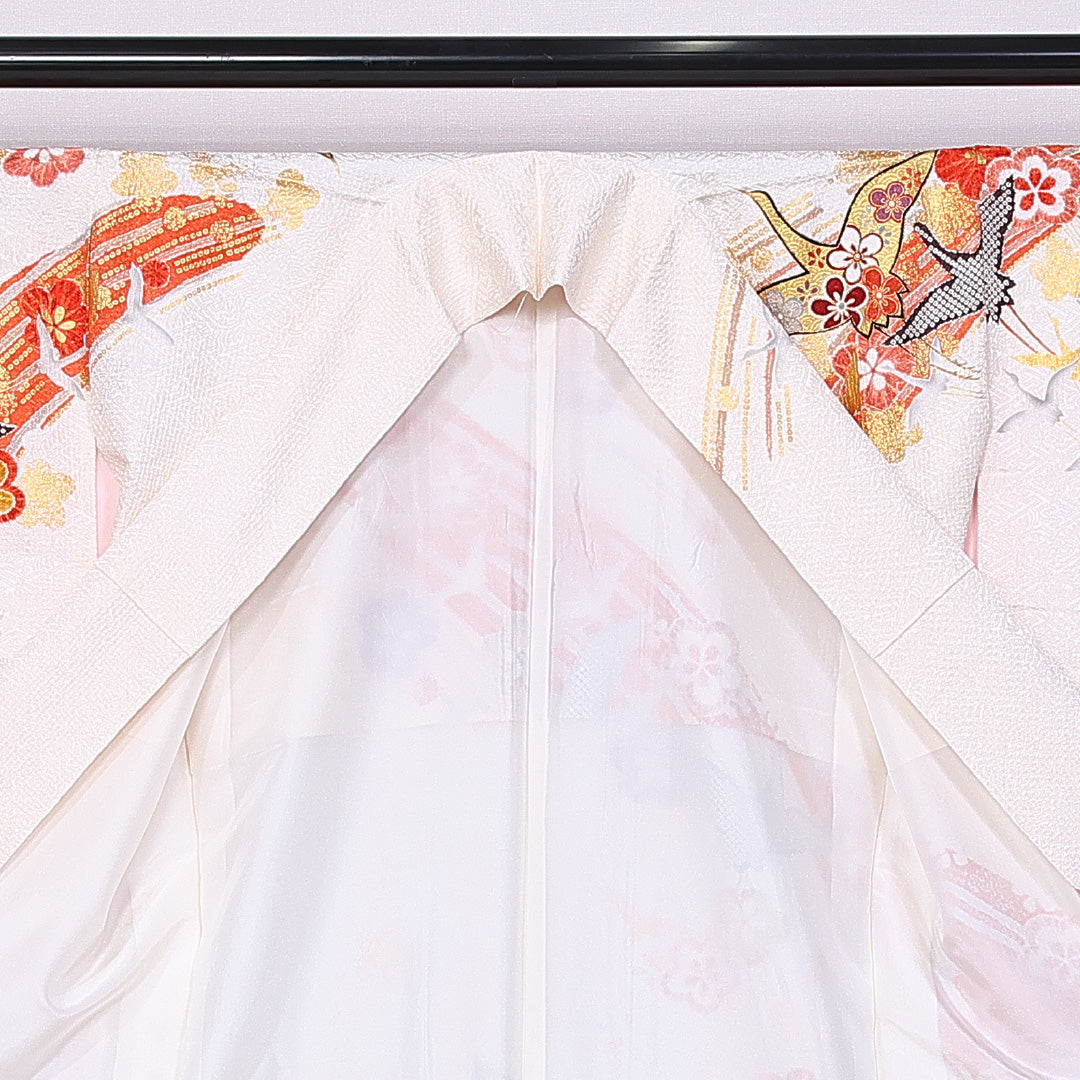 振袖 身丈154cm 裄丈63cm 袷 正絹 Sランク 広衿 梅 鶴 金糸 1213-F0381