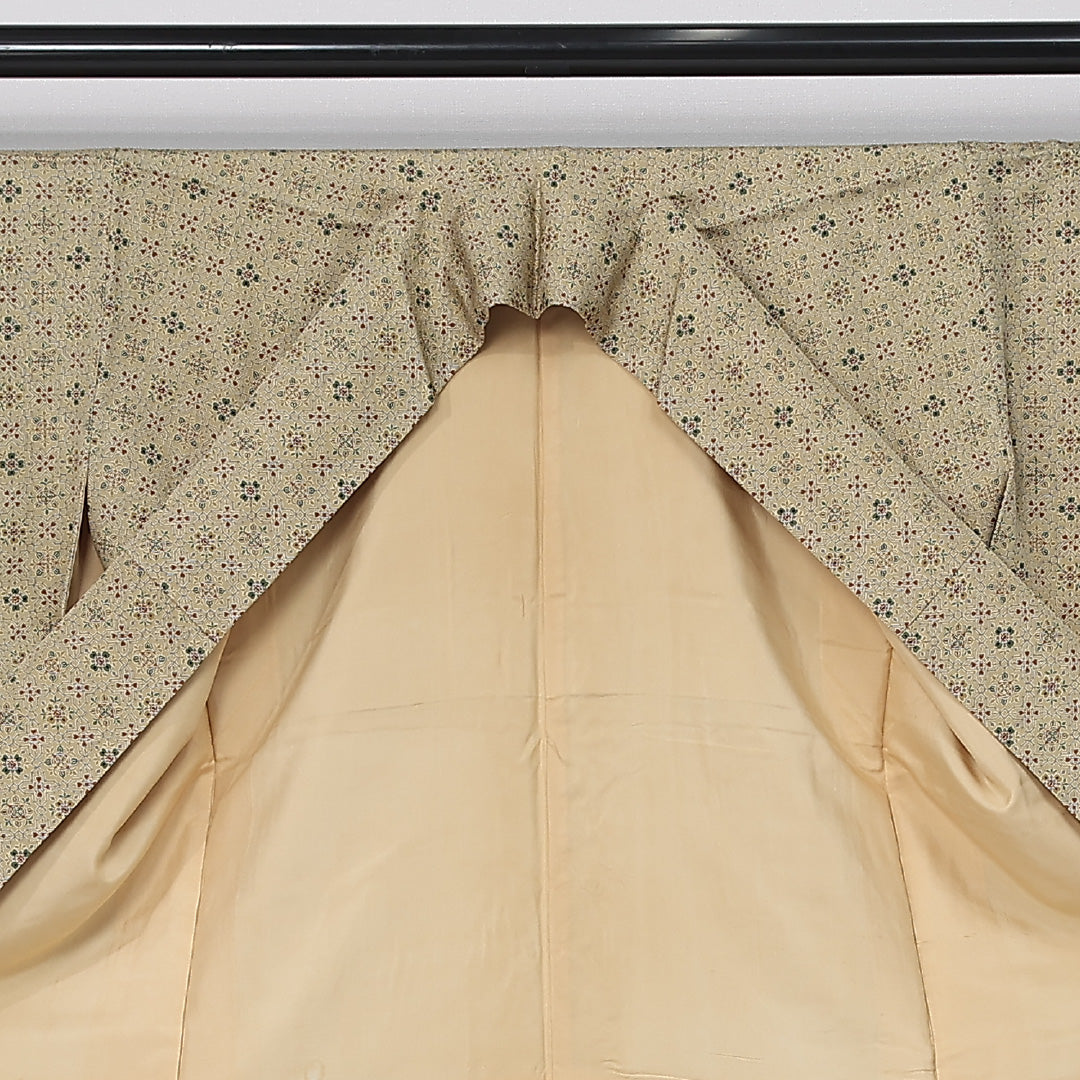 小紋 身丈150cm 裄丈63cm Aランク S 正絹 袷 広衿 オリエンタル 花菱 カジュアル 緑系 1215-11996