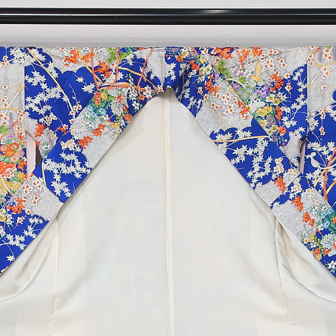 振袖 身丈157cm 裄丈65cm Cランク 袷 正絹 S 広衿 吉祥文様 組紐 古典柄 花柄 青系 1213-F0428