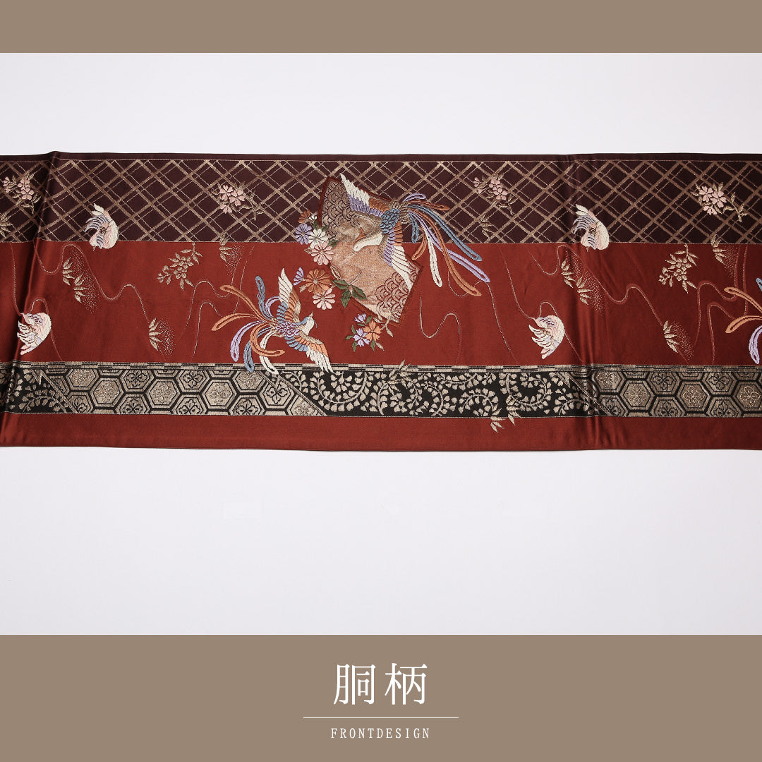 袋帯 帯丈426cm 正絹 六通 フォーマル 尾長鳥 花扇 赤系 1243-01044