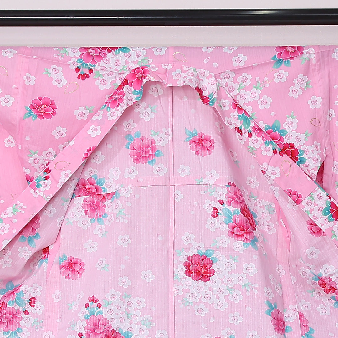 夏物 洗える着物 木綿の浴衣 夏物 身丈165cm 裄丈66cm 木綿 Sランク カジュアル バチ衿 XLサイズ 花柄 ピンク系 RP 1225-12455