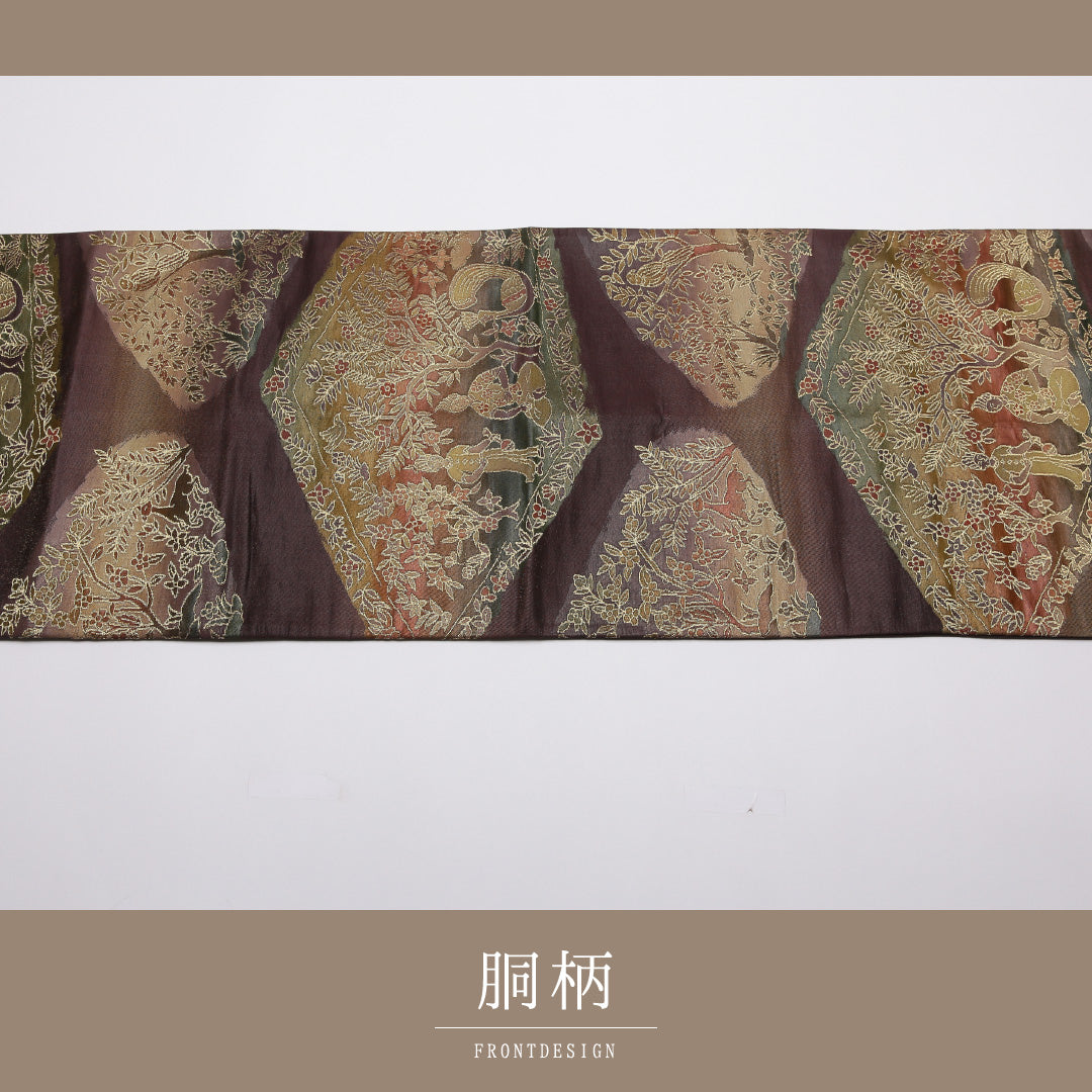 袋帯 帯丈404cm 正絹 六通 セミフォーマル 綴れ織 釈迦 鹿 仏教美術 紫系 1243-01392