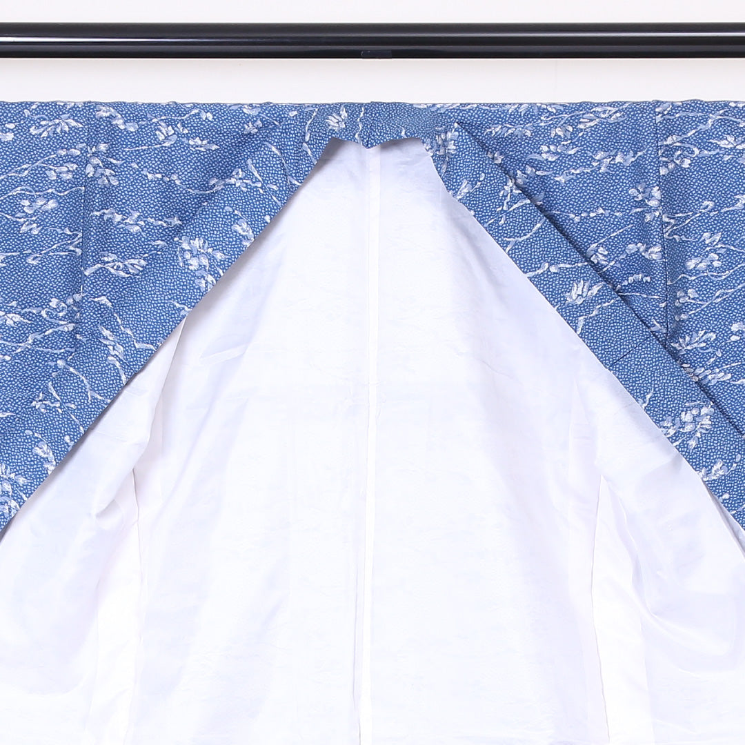 お召 袷 身丈149cm 裄丈62cm 正絹 Bランク インフォーマル バチ衿 XSサイズ しつけ糸 植物柄 青系 HP 1222-03277